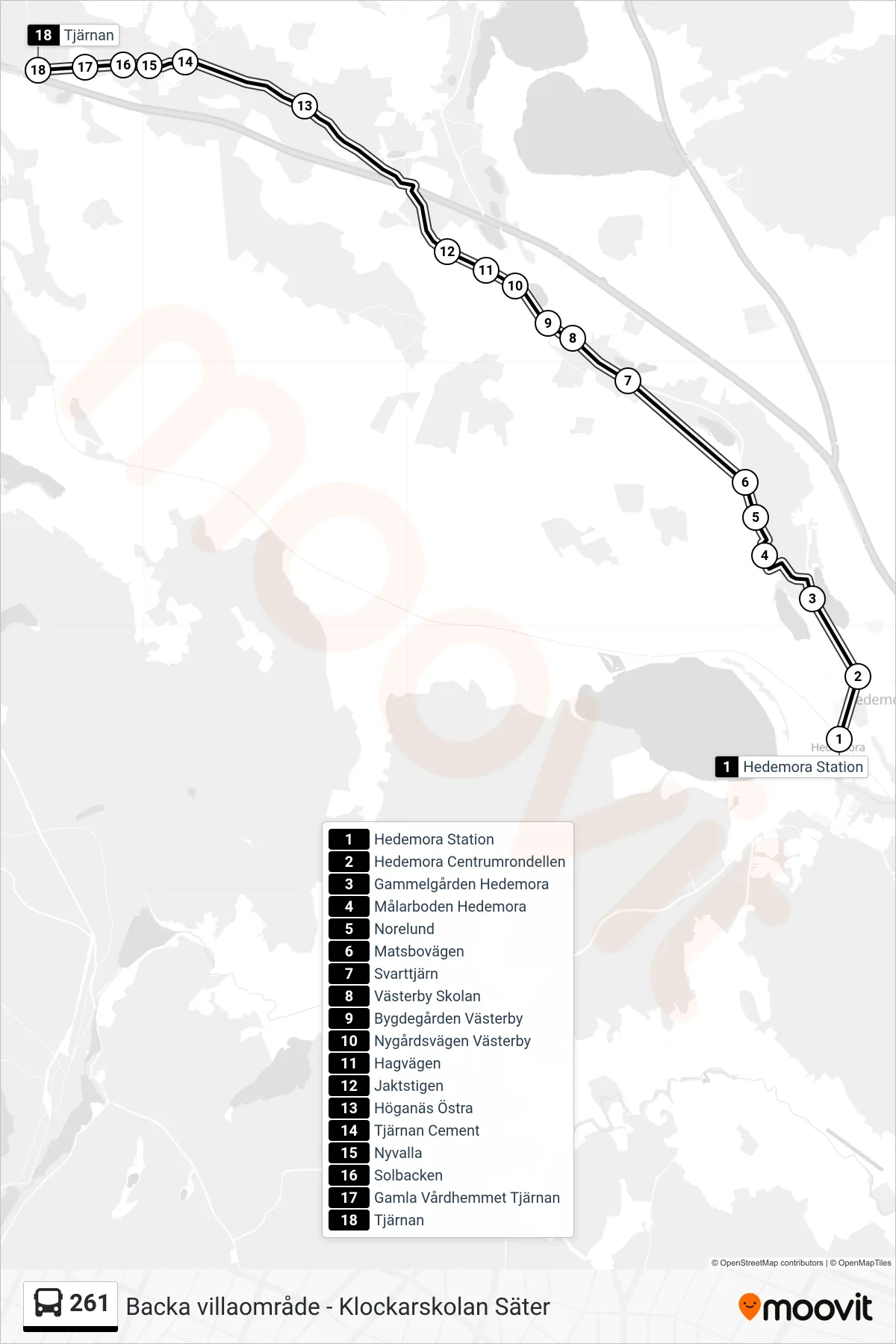 Rutt och hållplatser på karta för linje 261  spårvagn, (Tjärnan)