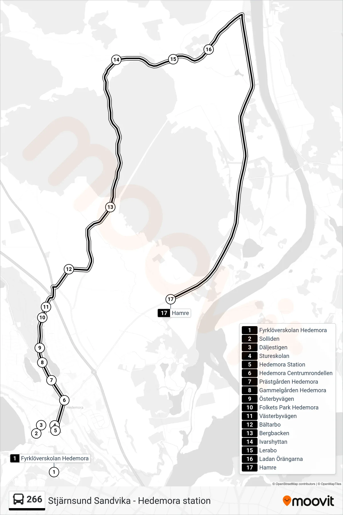 Rutt och hållplatser på karta för linje 266  spårvagn, (Hamre)