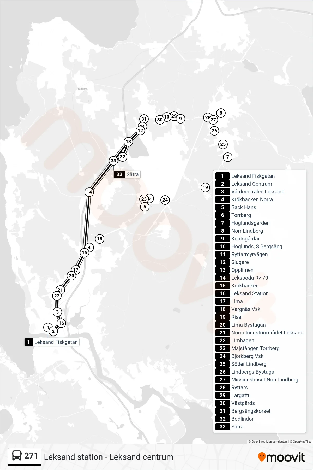 Rutt och hållplatser på karta för linje 271 spårvagn, (Leksand Station)