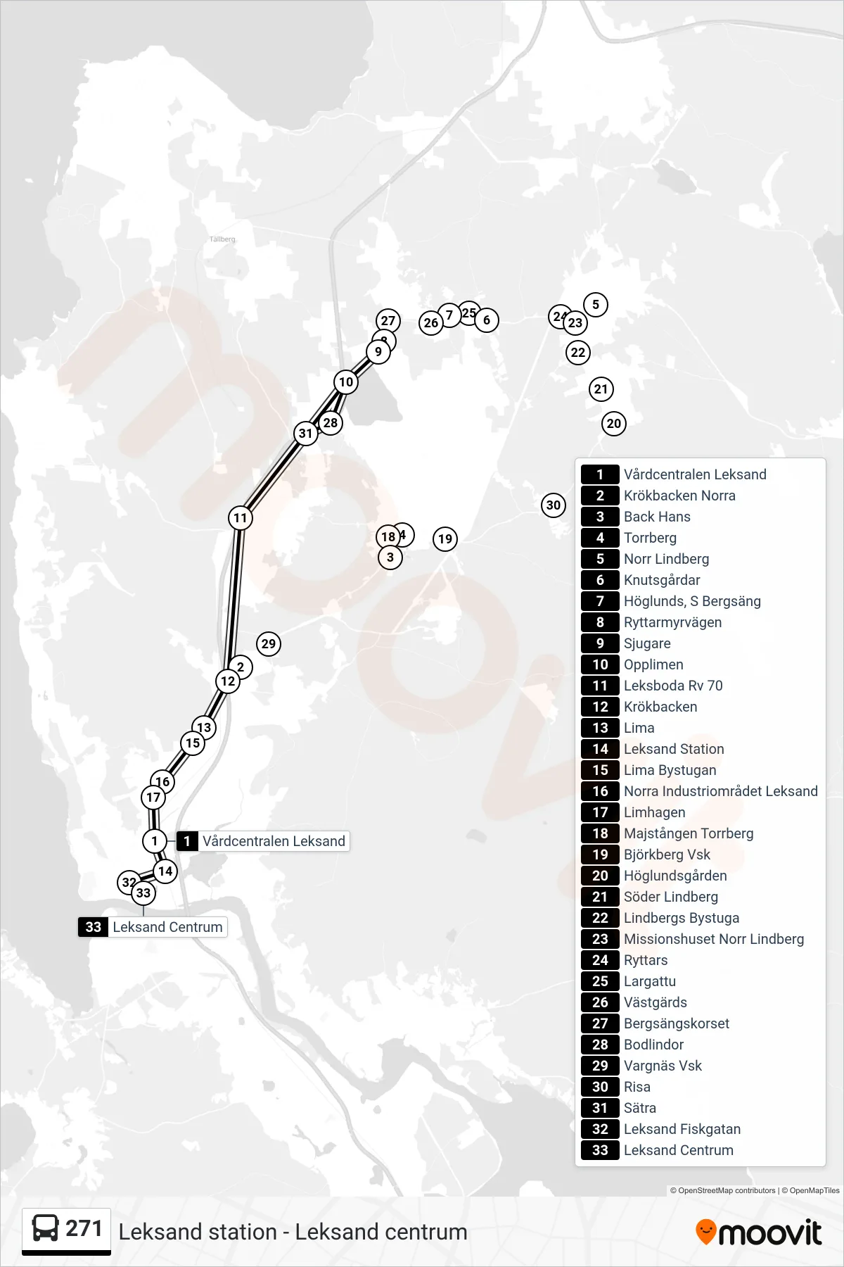 Rutt och hållplatser på karta för linje 271 spårvagn, (Leksand Centrum)