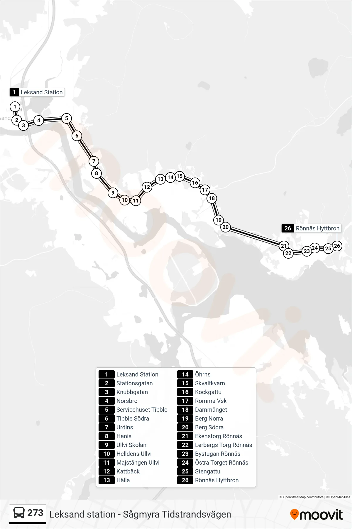 Rutt och hållplatser på karta för linje 273 spårvagn, (Rönnäs Hyttbron)