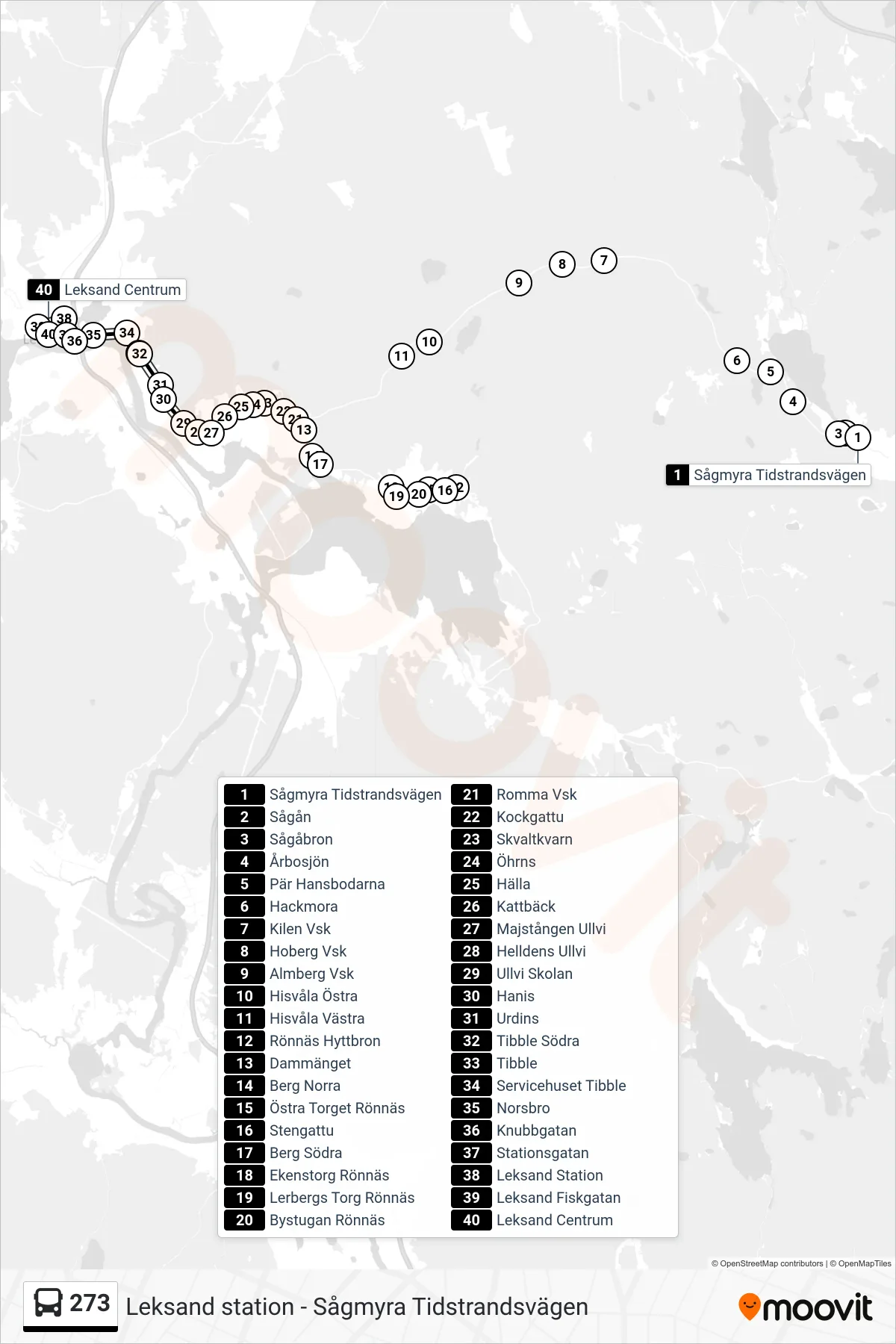 Rutt och hållplatser på karta för linje 273 spårvagn, (Leksand Centrum)