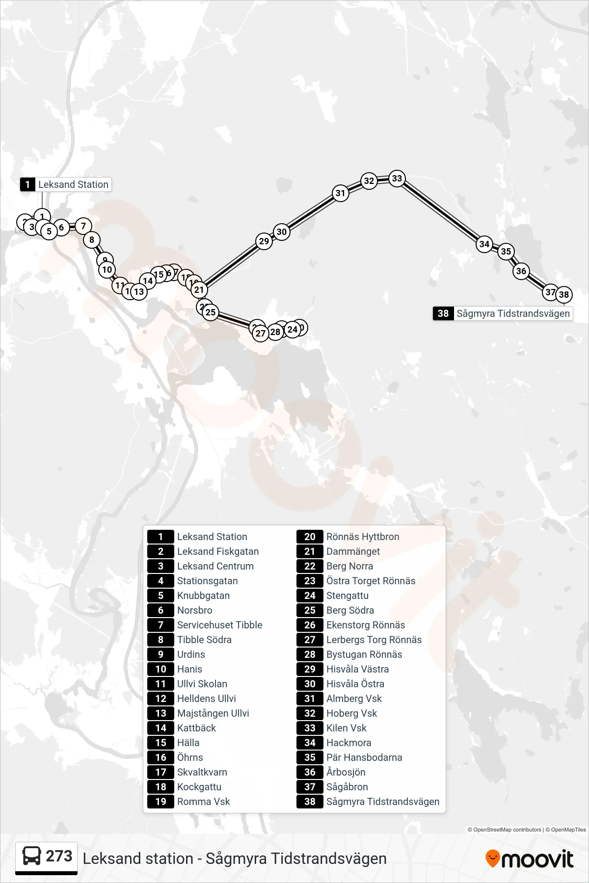 Rutt och hållplatser på karta för linje 273  spårvagn, (Sågmyra Tidstrandsvägen)