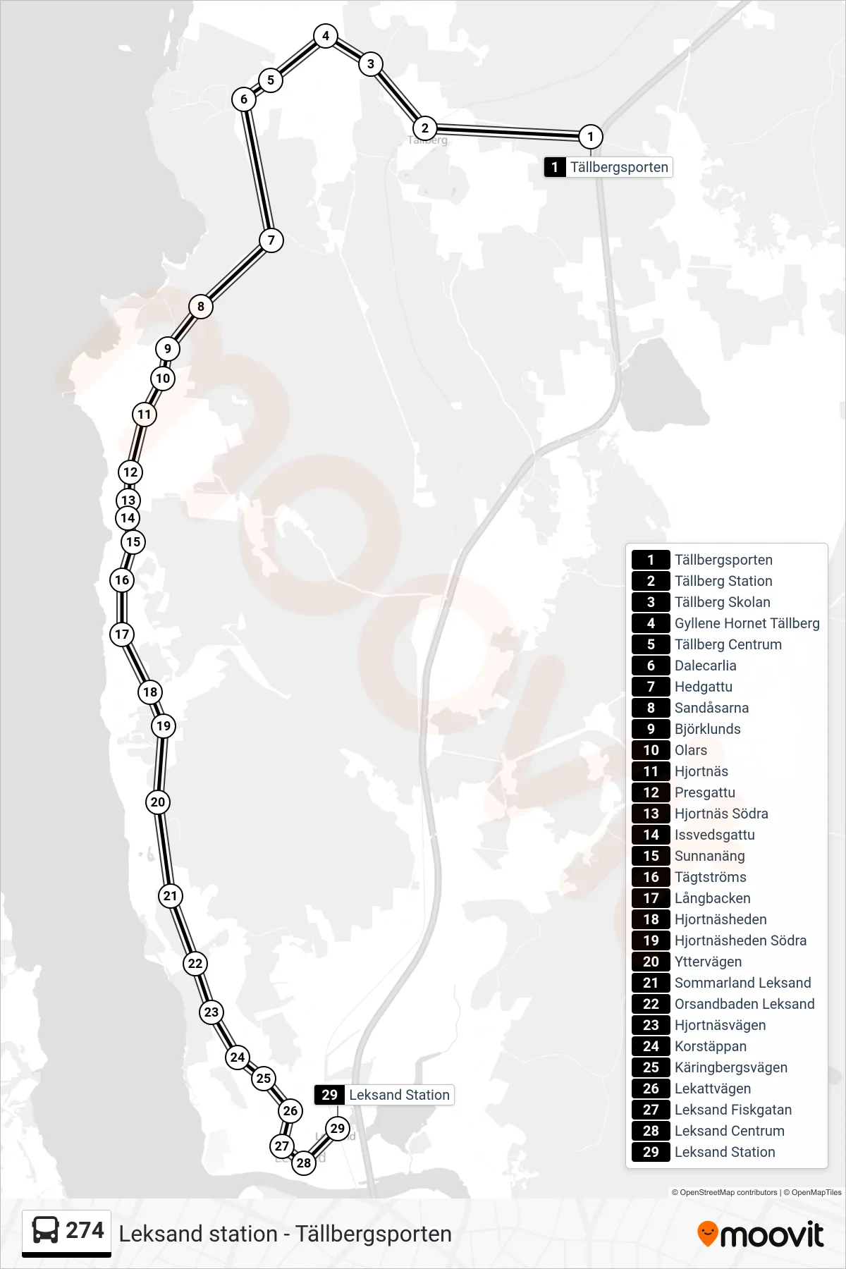 Rutt och hållplatser på karta för linje 274 spårvagn, (Leksand Station)