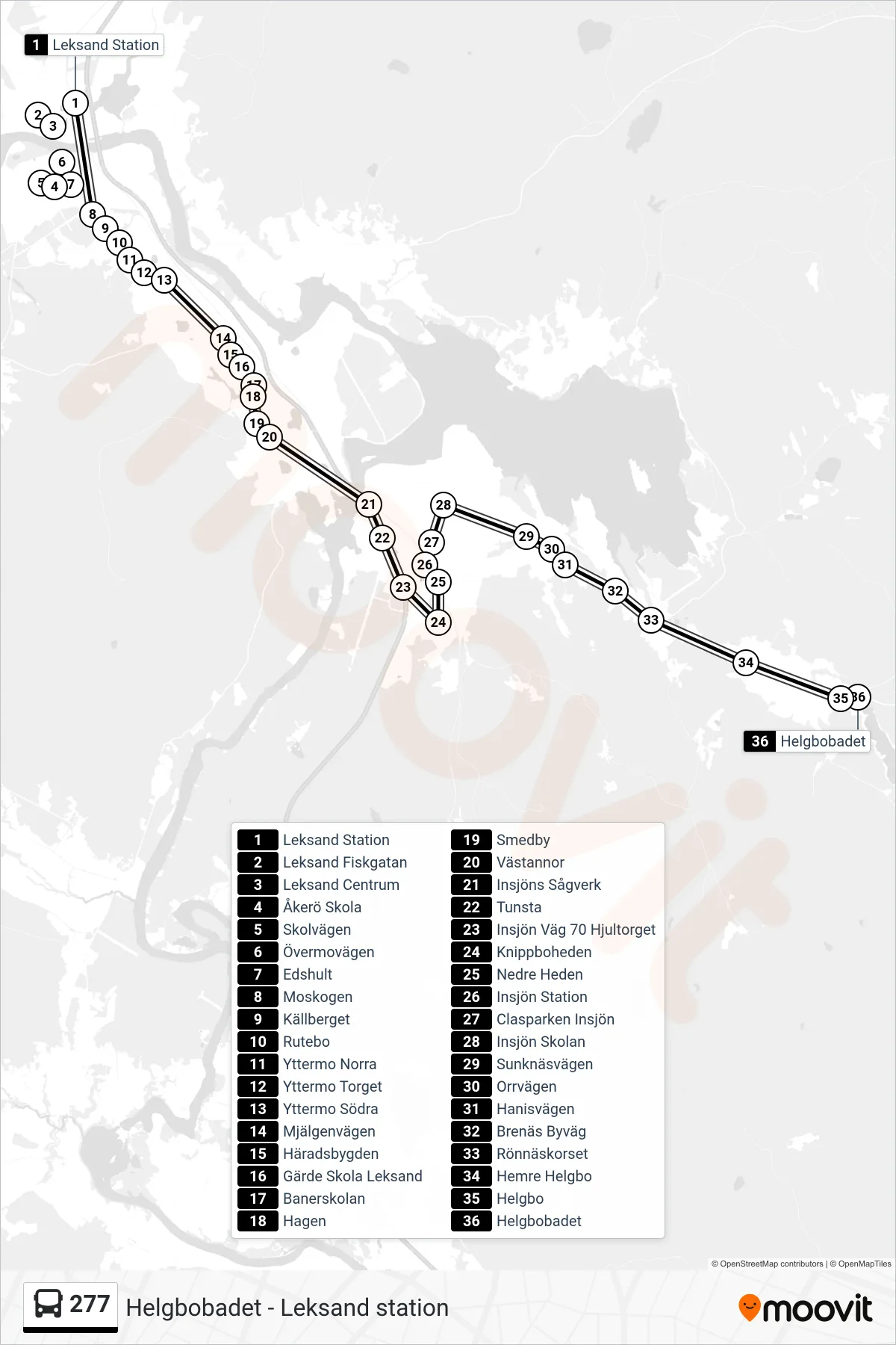 Rutt och hållplatser på karta för linje 277 spårvagn, (Helgbobadet)