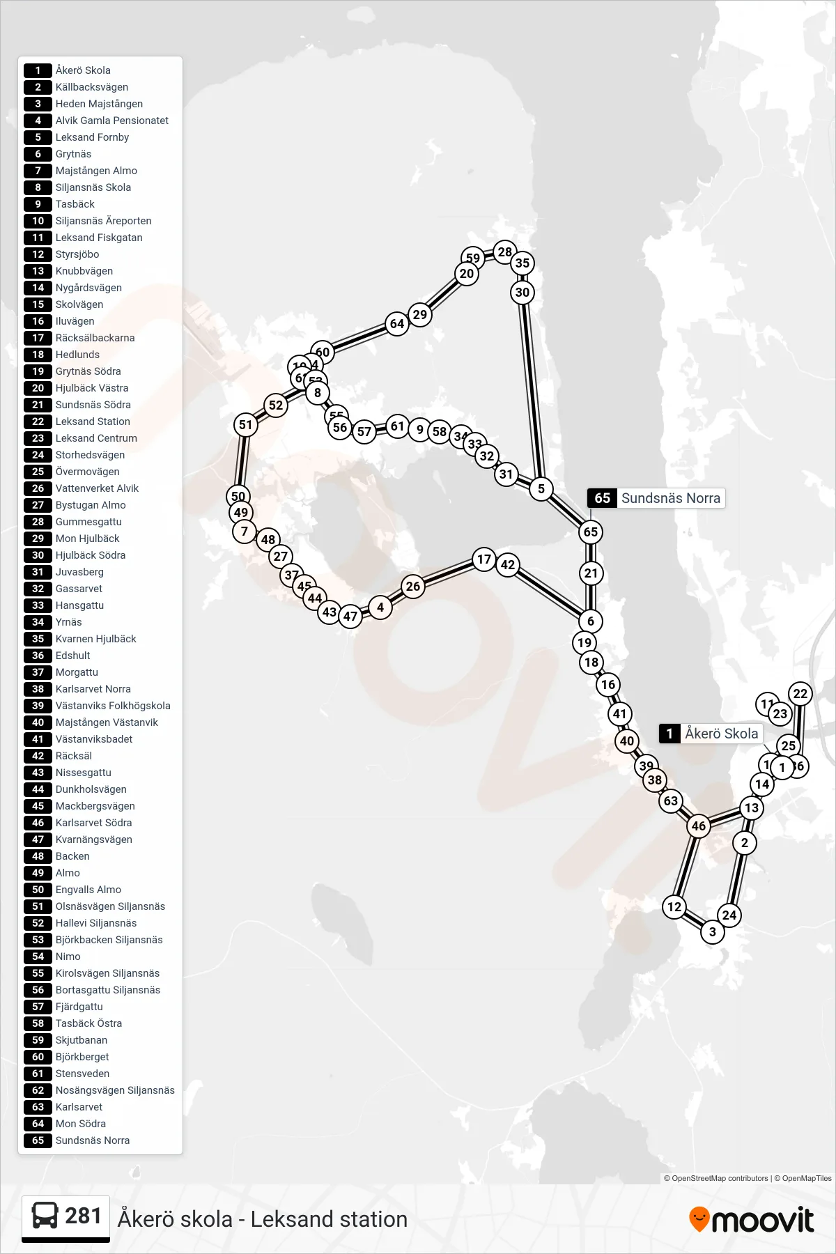 Rutt och hållplatser på karta för linje 281  spårvagn, (Leksand Station)