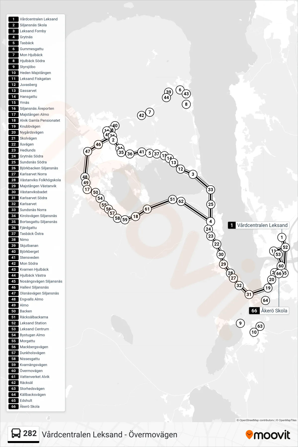 Rutt och hållplatser på karta för linje 282 spårvagn, (Leksand Station)