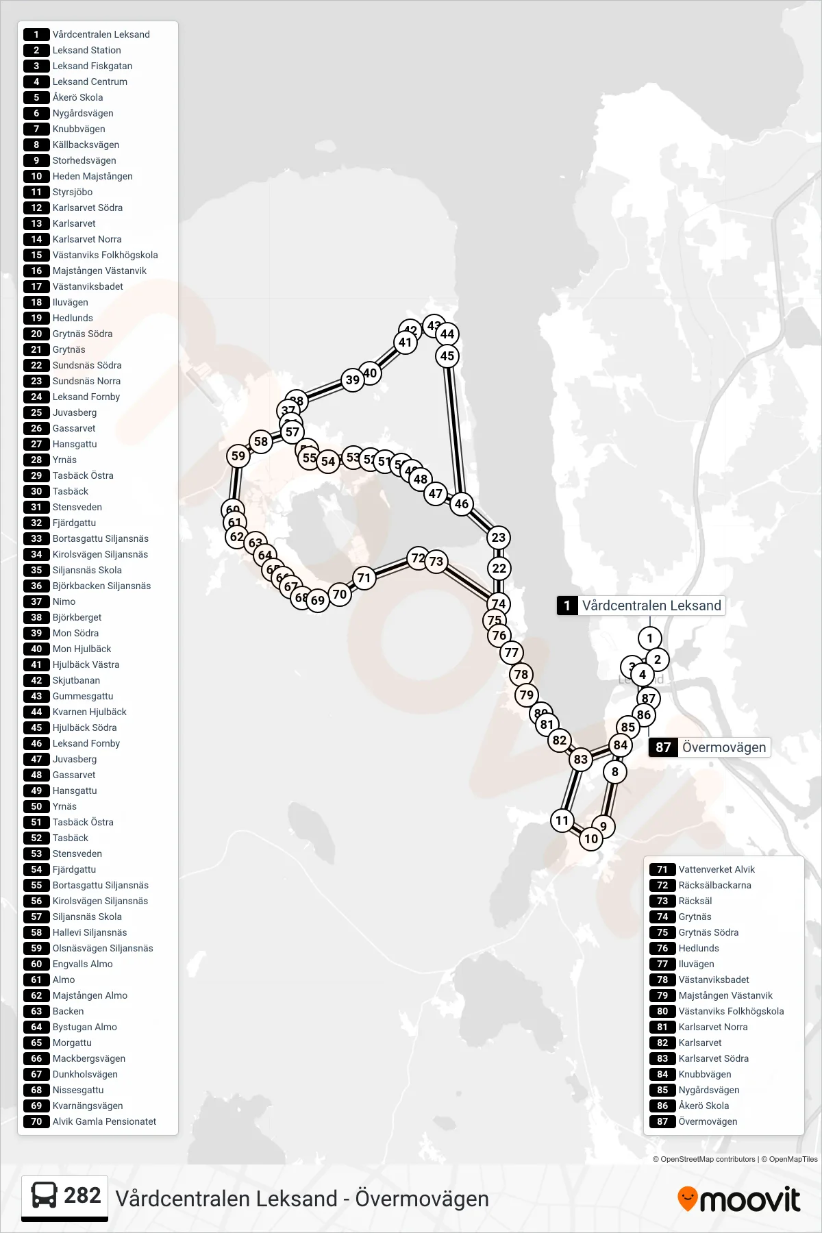 Rutt och hållplatser på karta för linje 282 spårvagn, (Övermovägen)