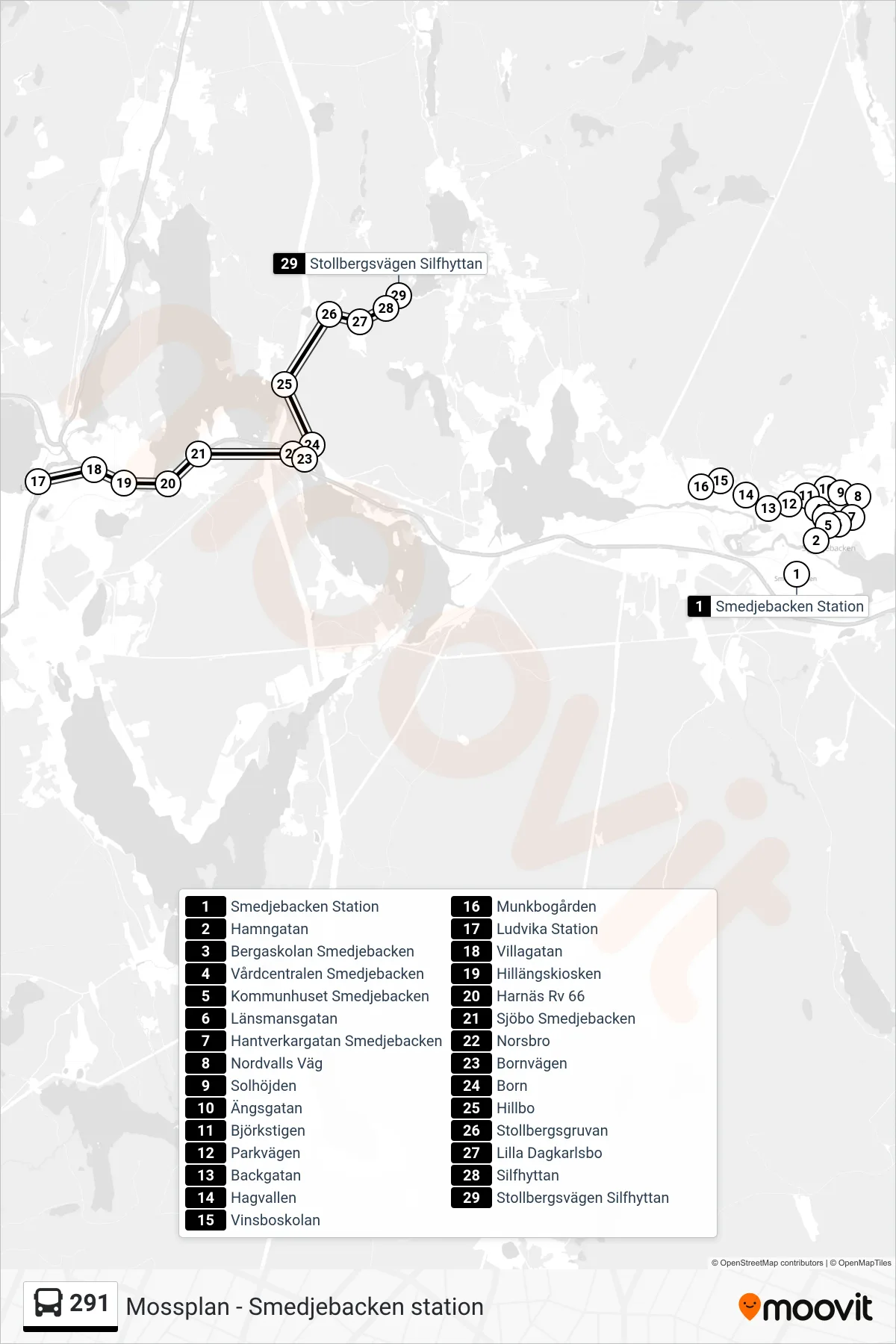Rutt och hållplatser på karta för linje 291 spårvagn, (Stollbergsvägen Silfhyttan)