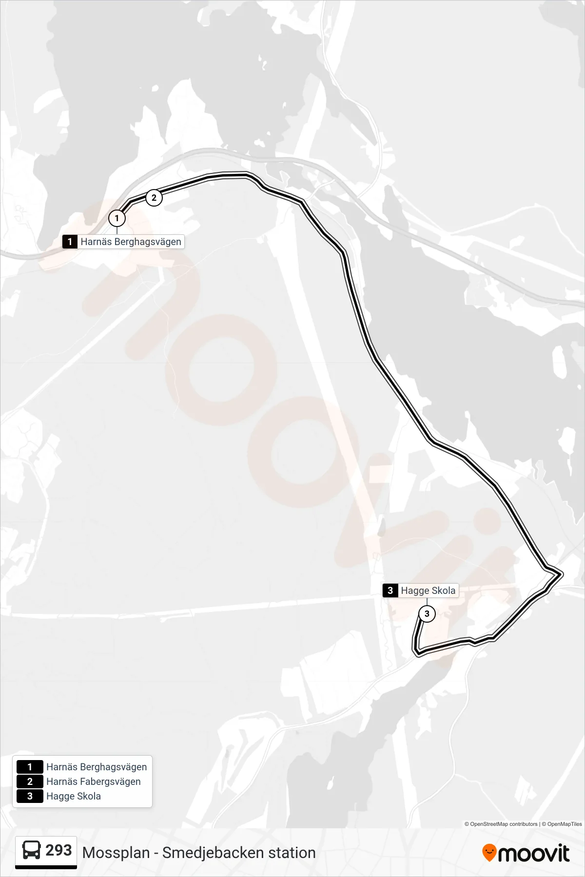 Rutt och hållplatser på karta för linje 293 spårvagn, (Hagge Skola)
