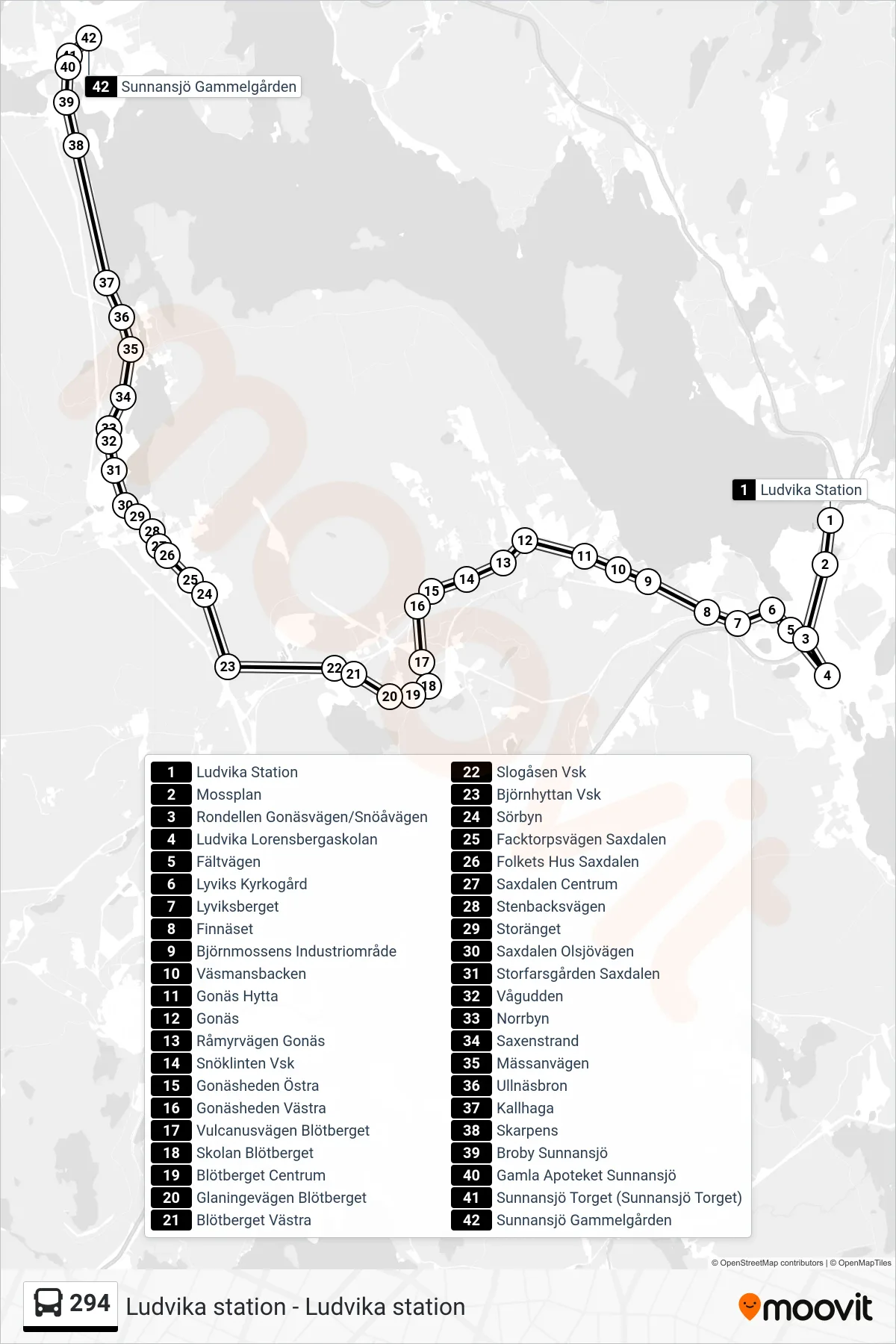 Rutt och hållplatser på karta för linje 294  spårvagn, (Sunnansjö Gammelgården)