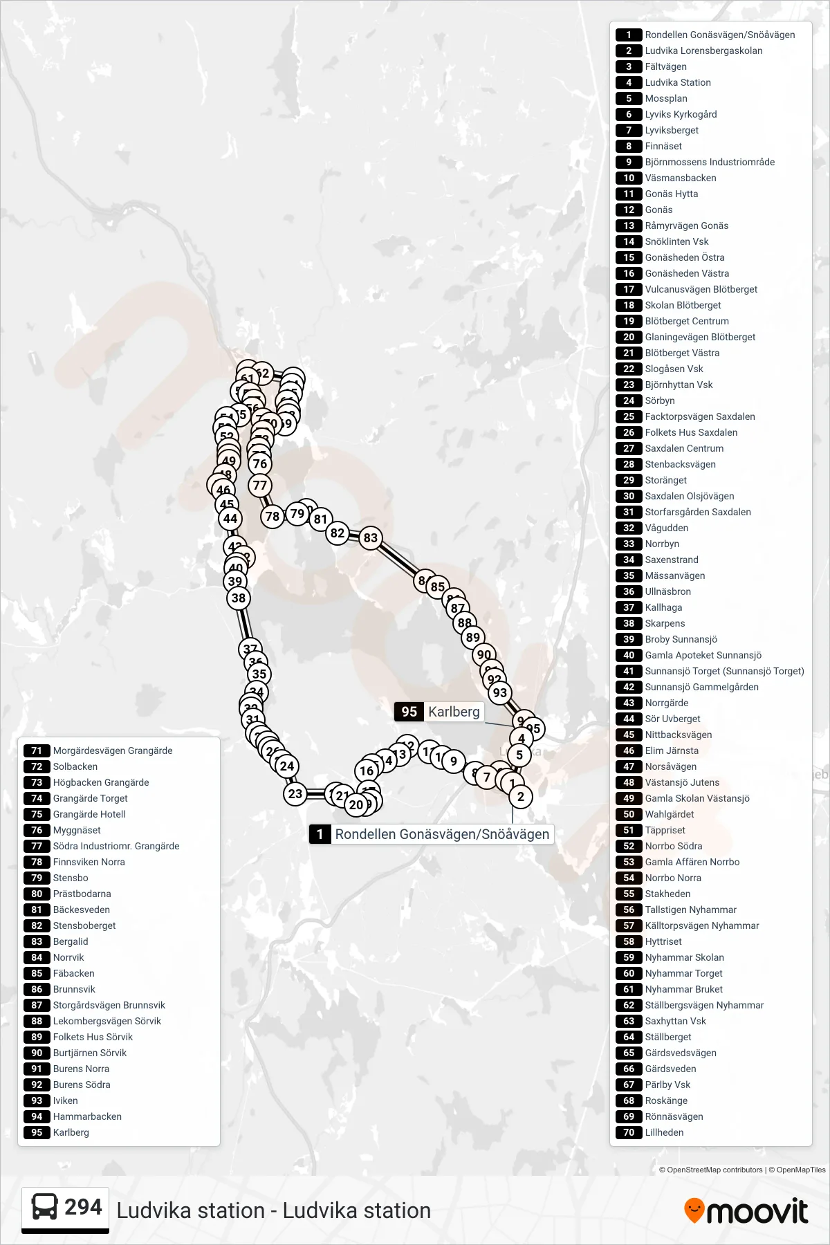 Rutt och hållplatser på karta för linje 294 spårvagn, (Ludvika Station)