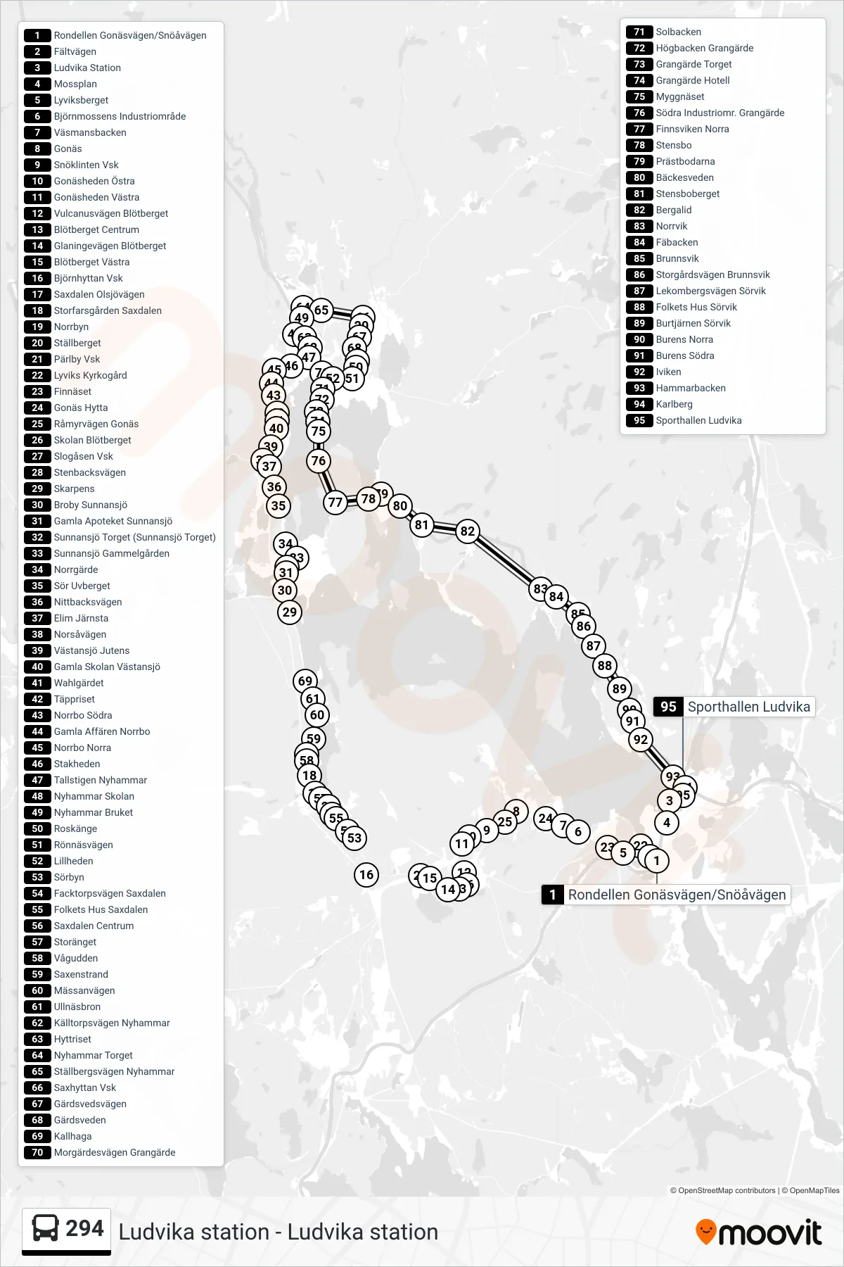 Rutt och hållplatser på karta för linje 294 spårvagn, (Mossplan)