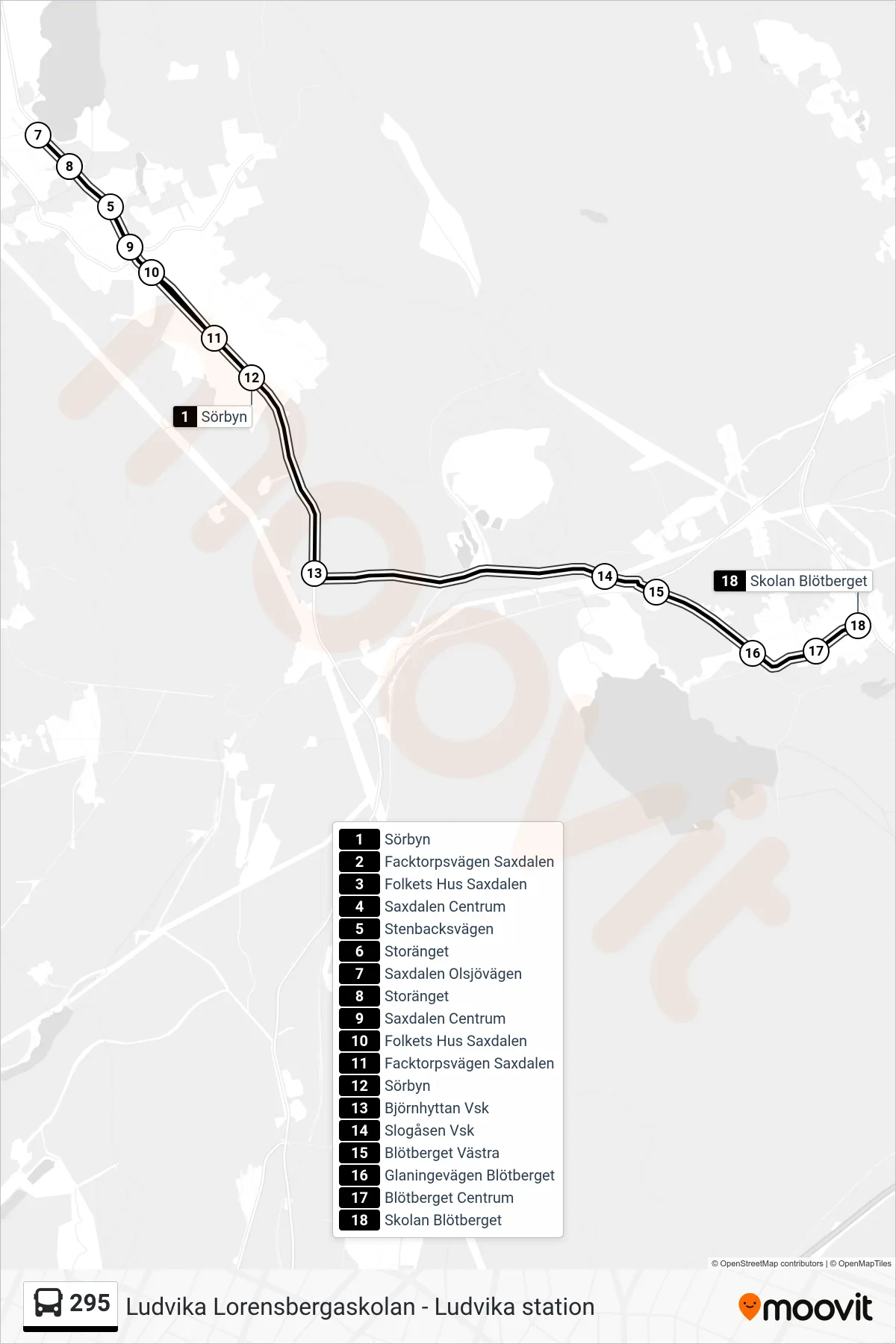 Rutt och hållplatser på karta för linje 295  spårvagn, (Skolan Blötberget)