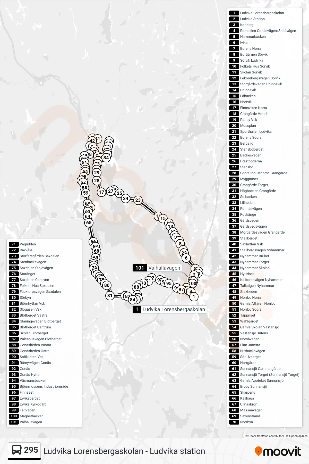 Rutt och hållplatser på karta för linje 295 spårvagn, (Ludvika Station)