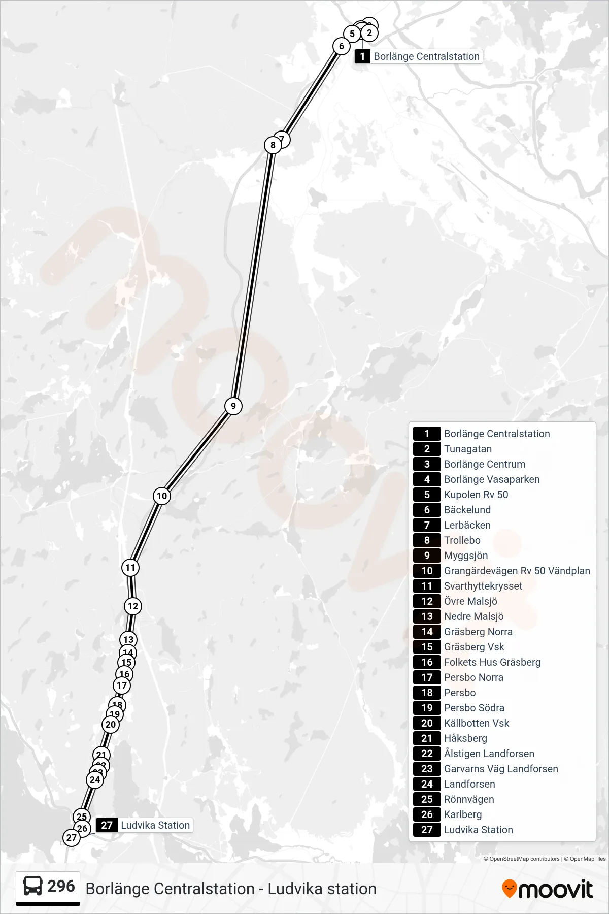 Rutt och hållplatser på karta för linje 296  spårvagn, (Ludvika Station)