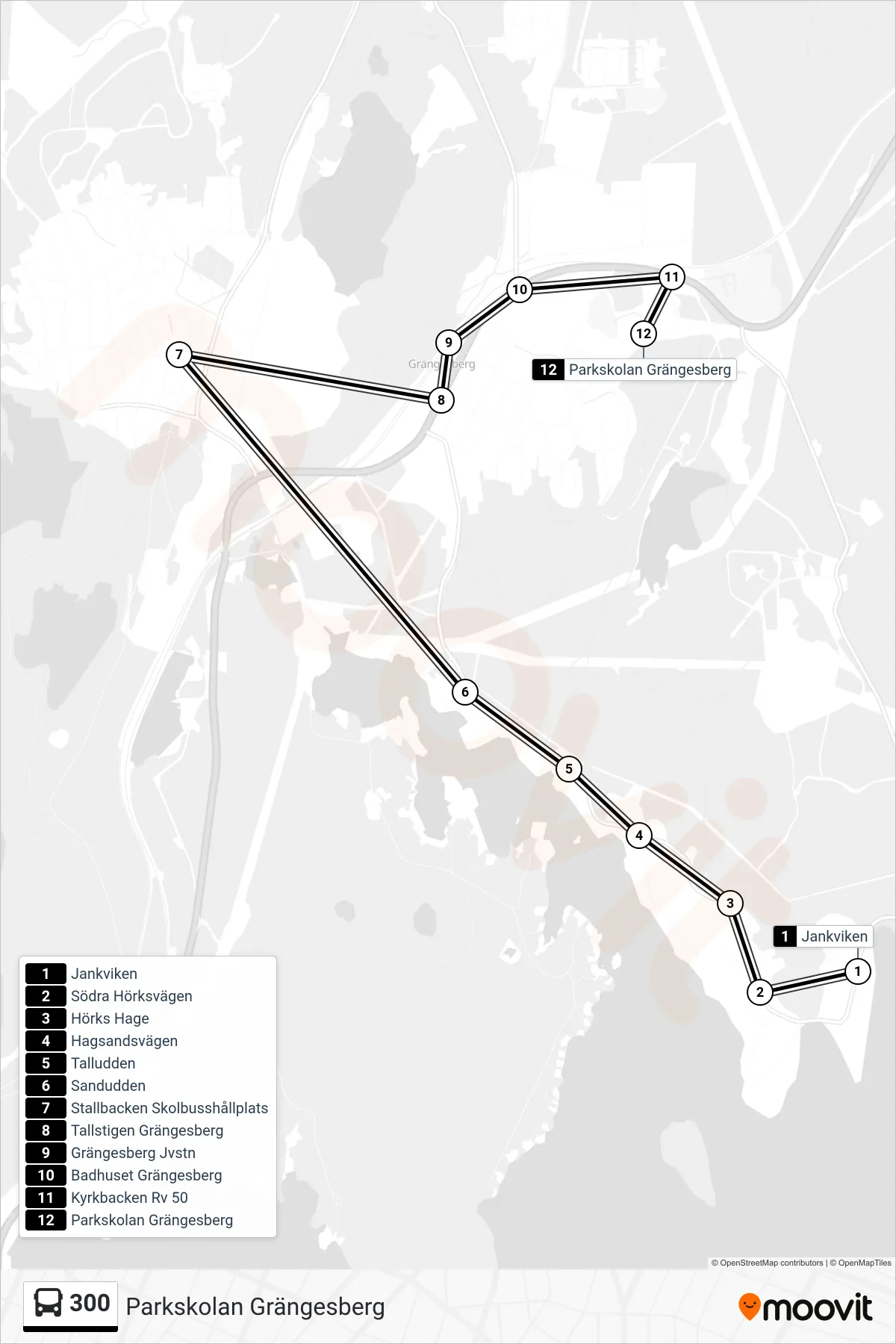 Rutt och hållplatser på karta för linje 300  spårvagn, (Parkskolan Grängesberg)