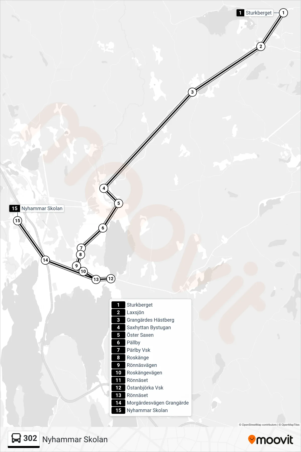 Rutt och hållplatser på karta för linje 302 spårvagn, (Nyhammar Skolan)