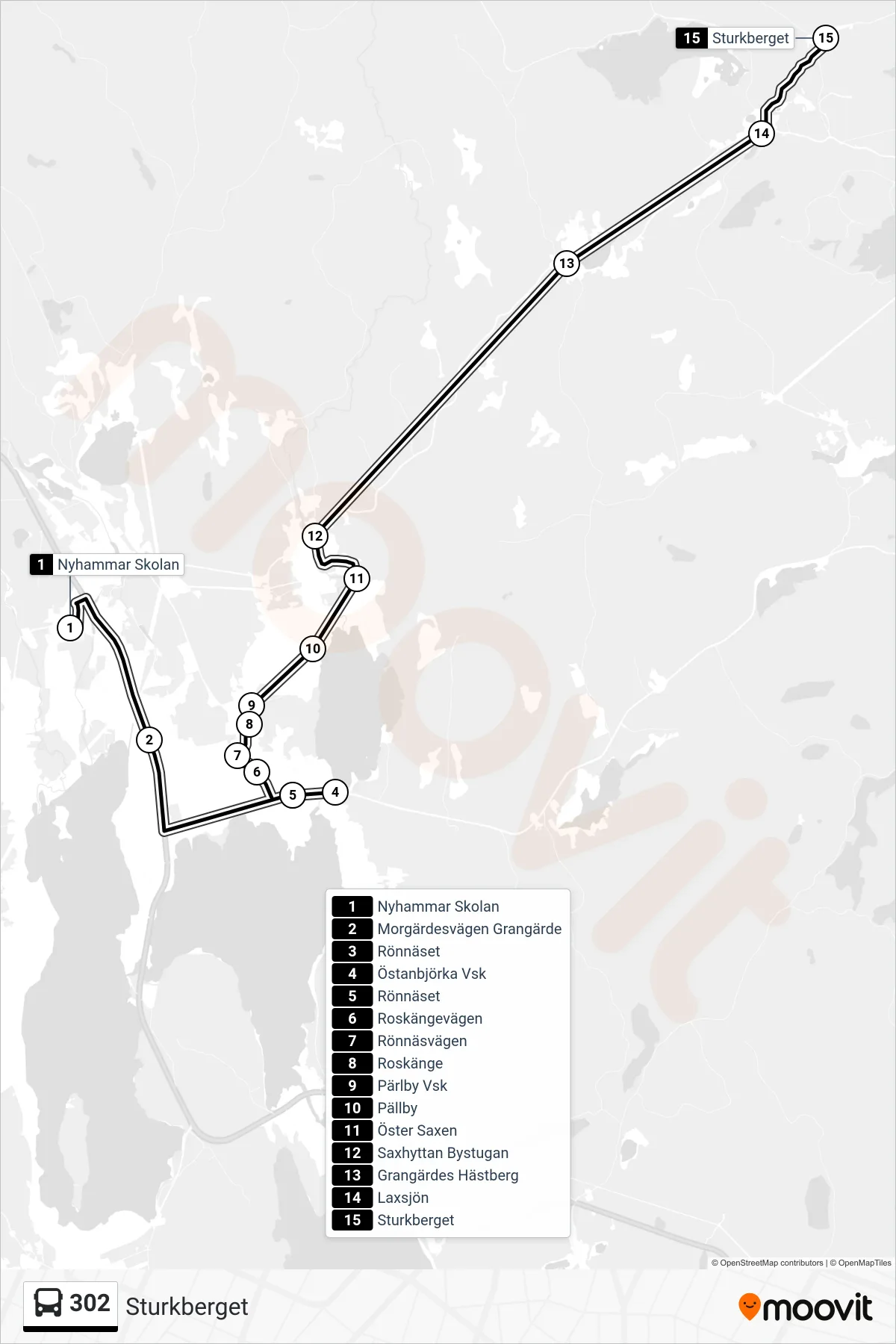 Rutt och hållplatser på karta för linje 302  spårvagn, (Sturkberget)