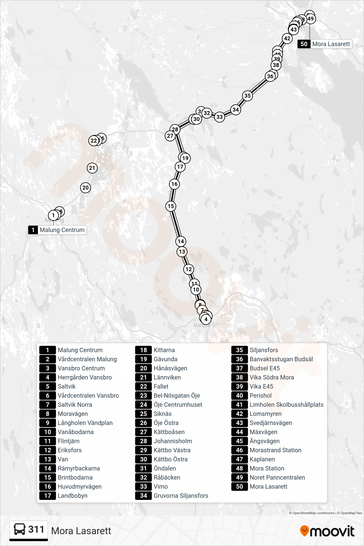 Rutt och hållplatser på karta för linje 311 spårvagn, (Mora Lasarett)