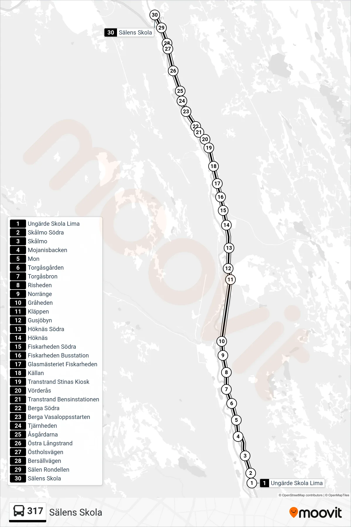 Rutt och hållplatser på karta för linje 317 spårvagn, (Sälens Skola)