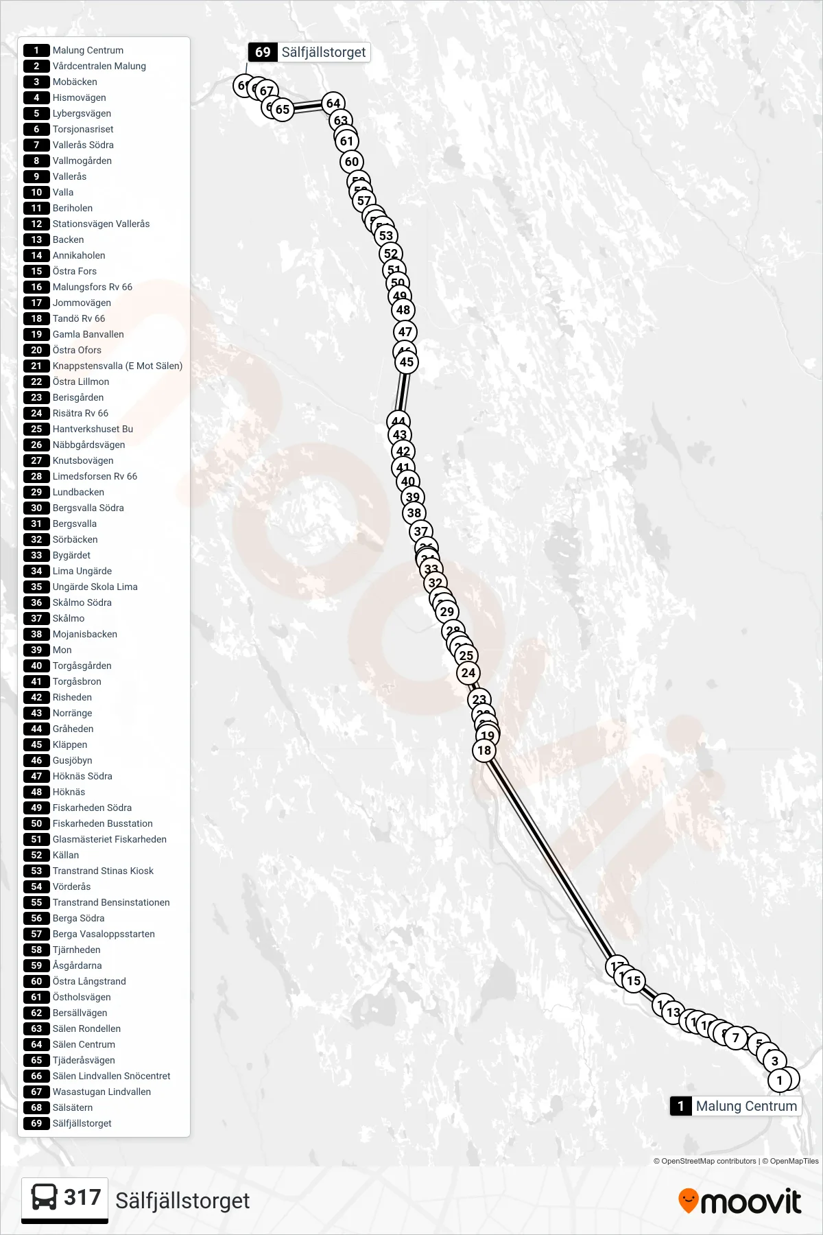 Rutt och hållplatser på karta för linje 317 spårvagn, (Sälfjällstorget)