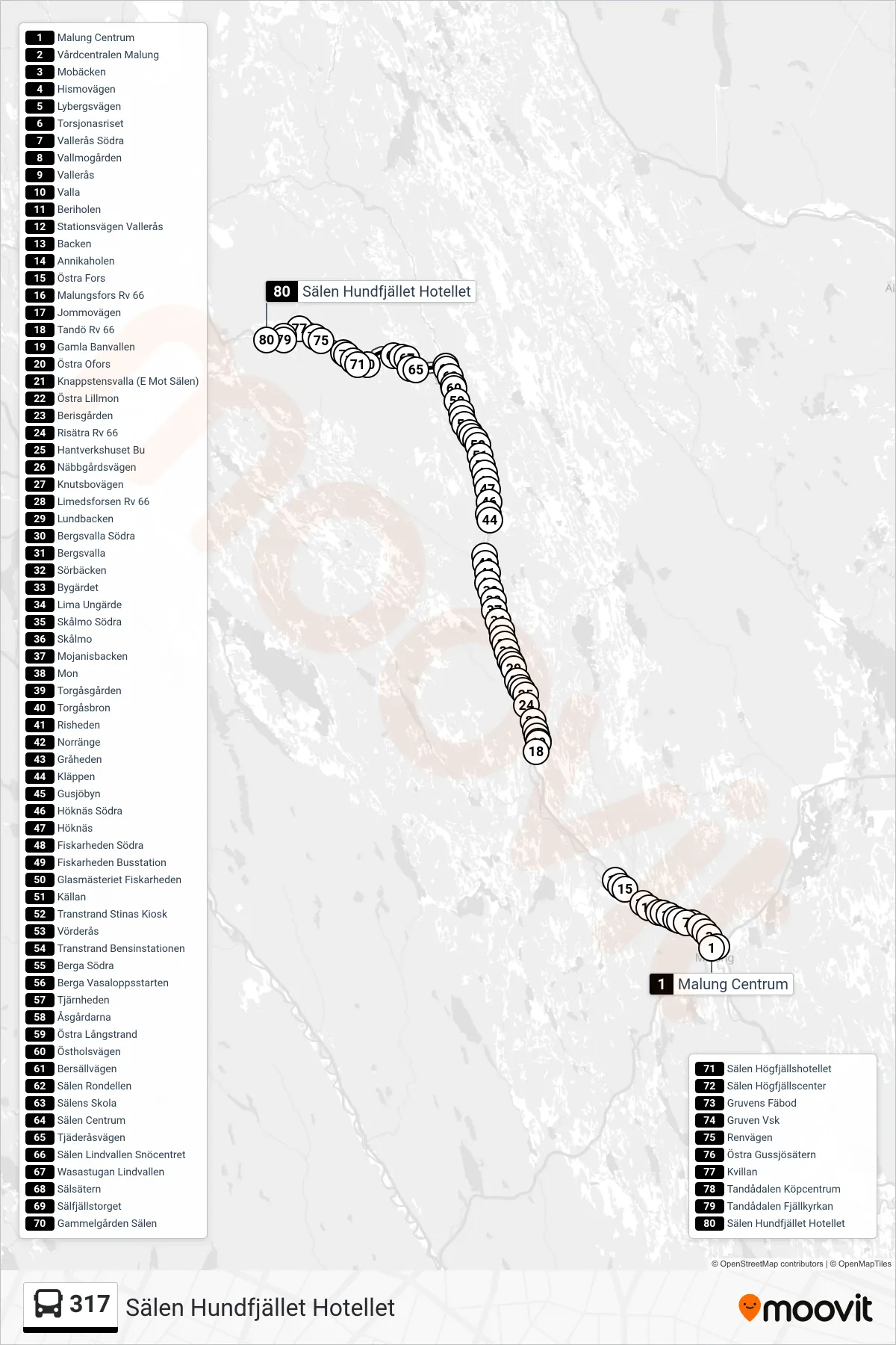 Rutt och hållplatser på karta för linje 317  spårvagn, (Sälen Hundfjället Hotellet)