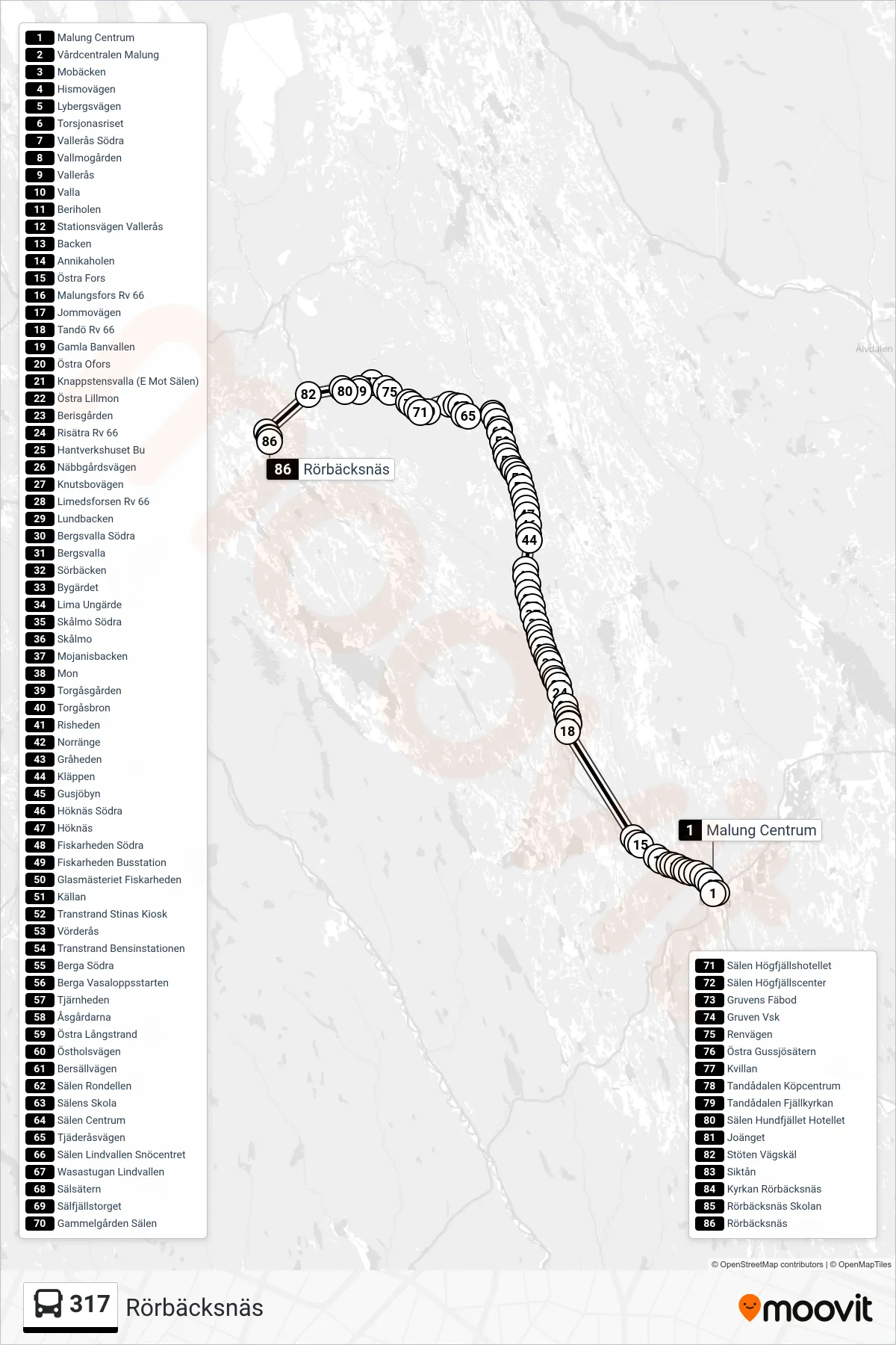 Rutt och hållplatser på karta för linje 317 spårvagn, (Rörbäcksnäs)