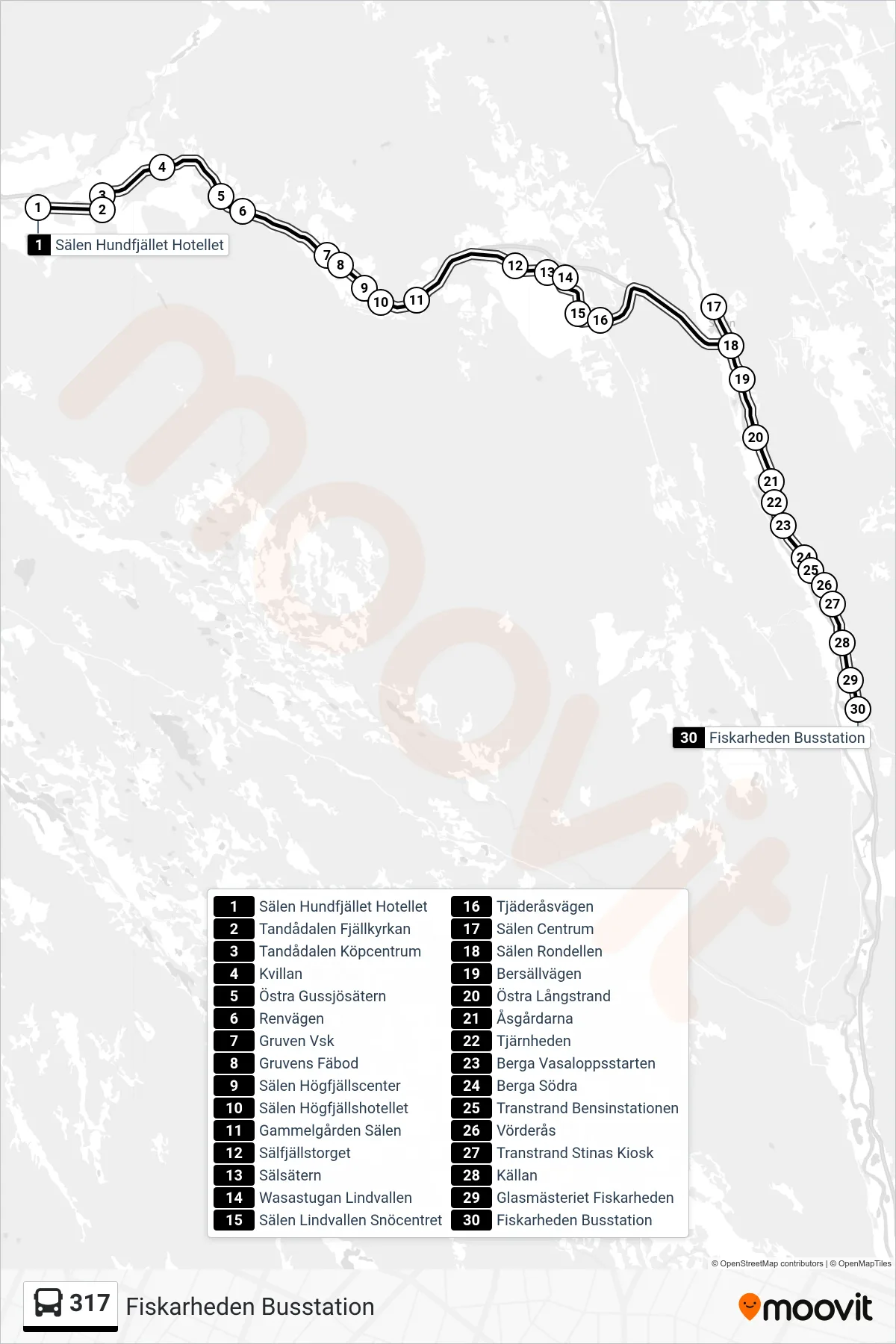 Rutt och hållplatser på karta för linje 317 spårvagn, (Fiskarheden Busstation)