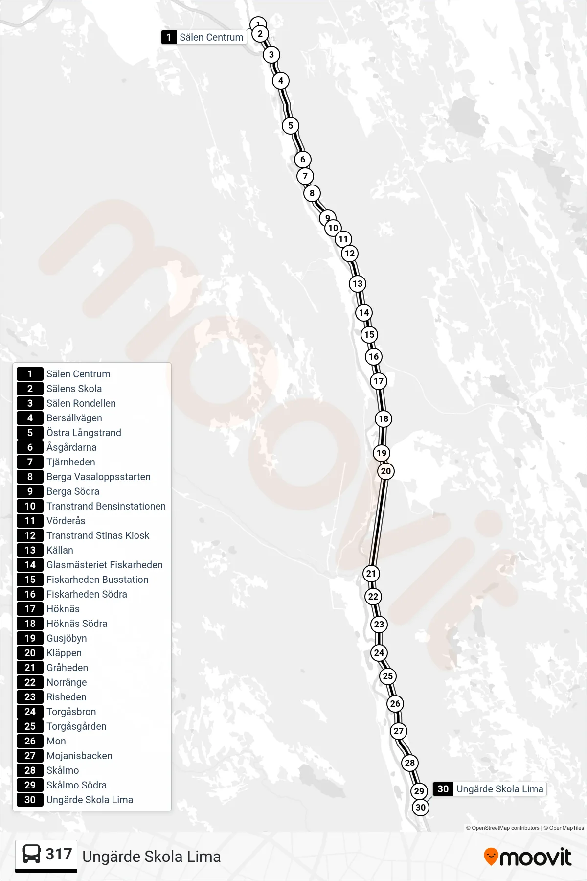 Rutt och hållplatser på karta för linje 317 spårvagn, (Ungärde Skola Lima)