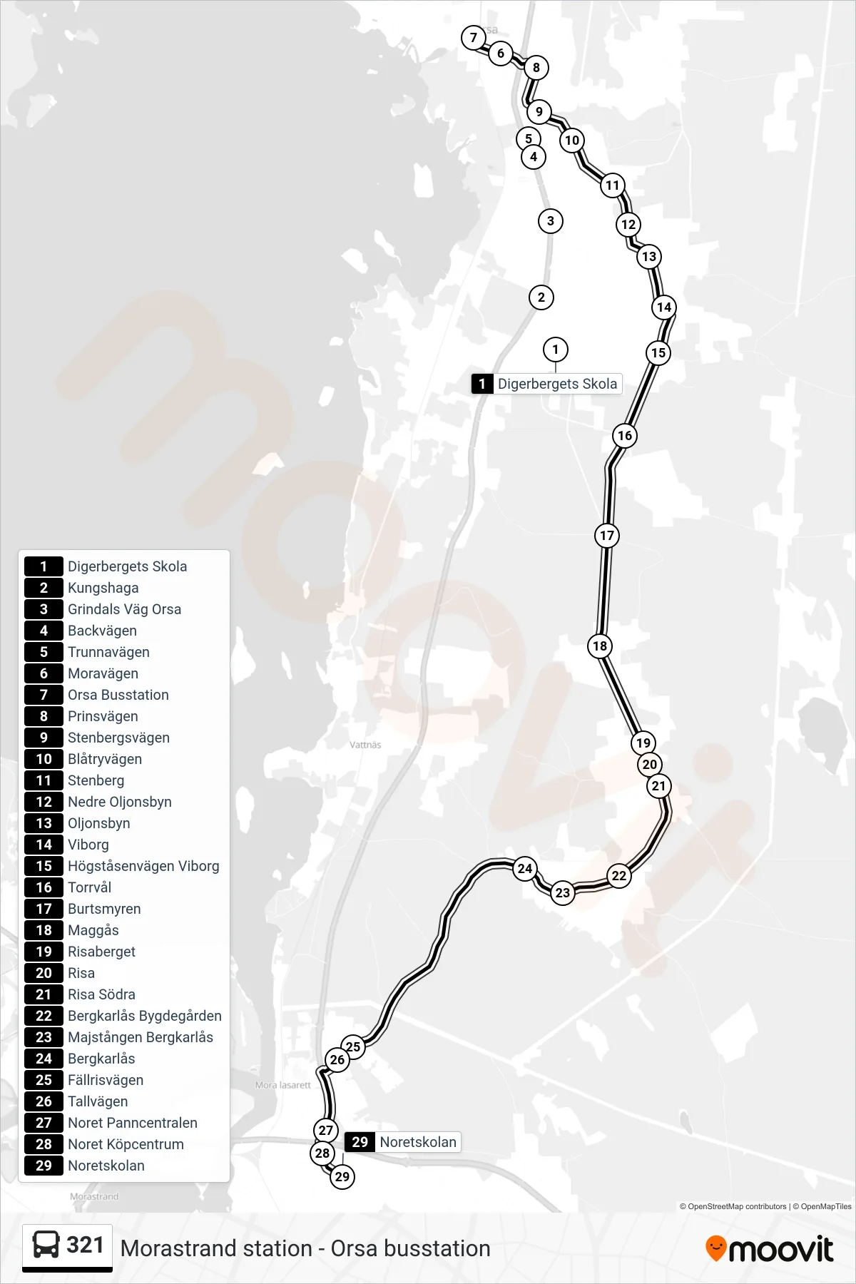 Rutt och hållplatser på karta för linje 321 spårvagn, (Noretskolan)