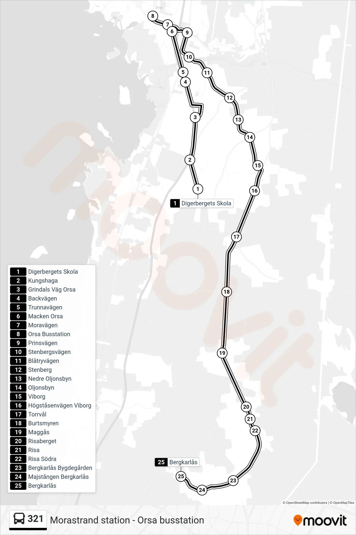 Rutt och hållplatser på karta för linje 321 spårvagn, (Bergkarlås)