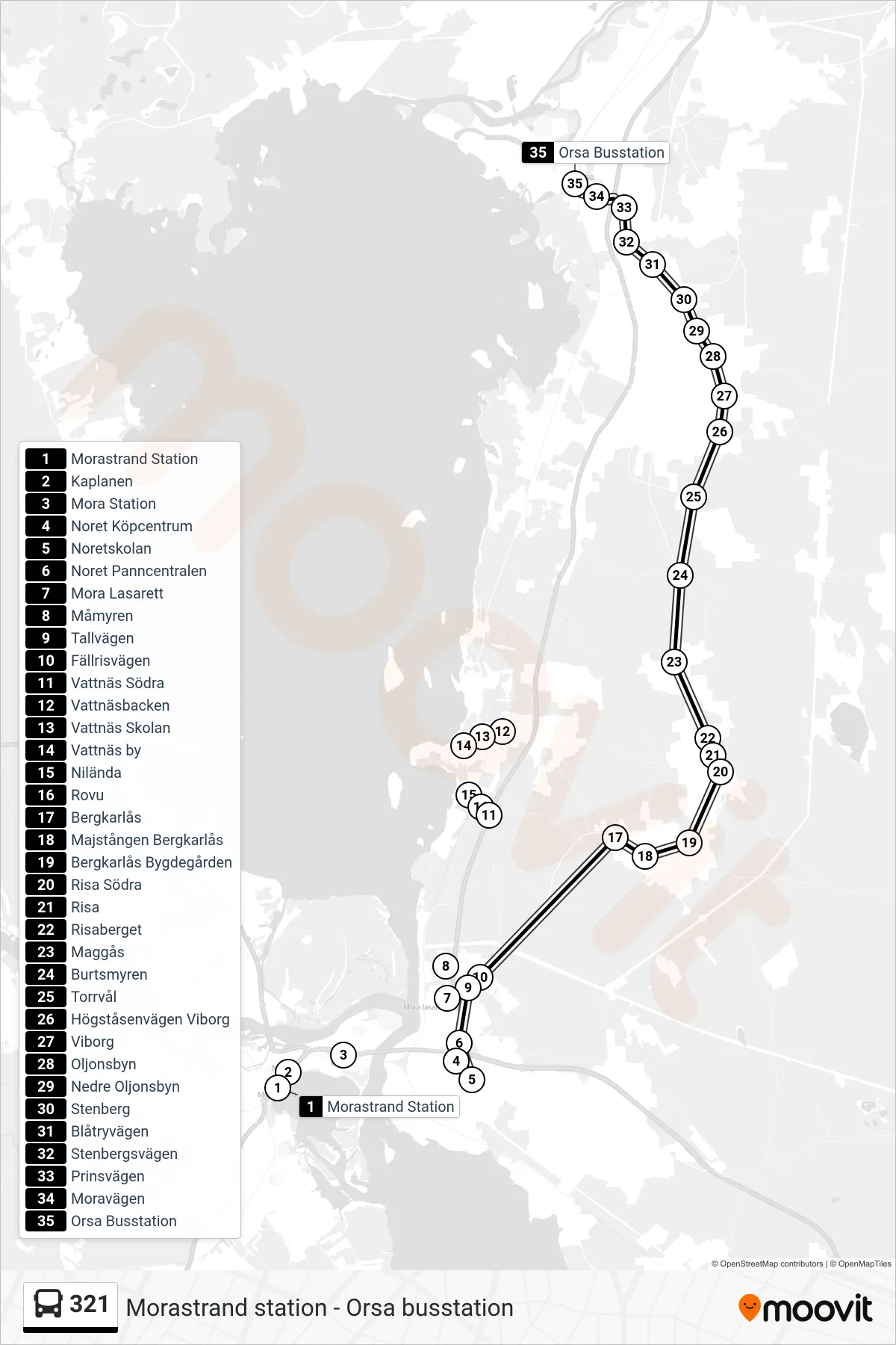 Rutt och hållplatser på karta för linje 321 spårvagn, (Orsa Busstation)