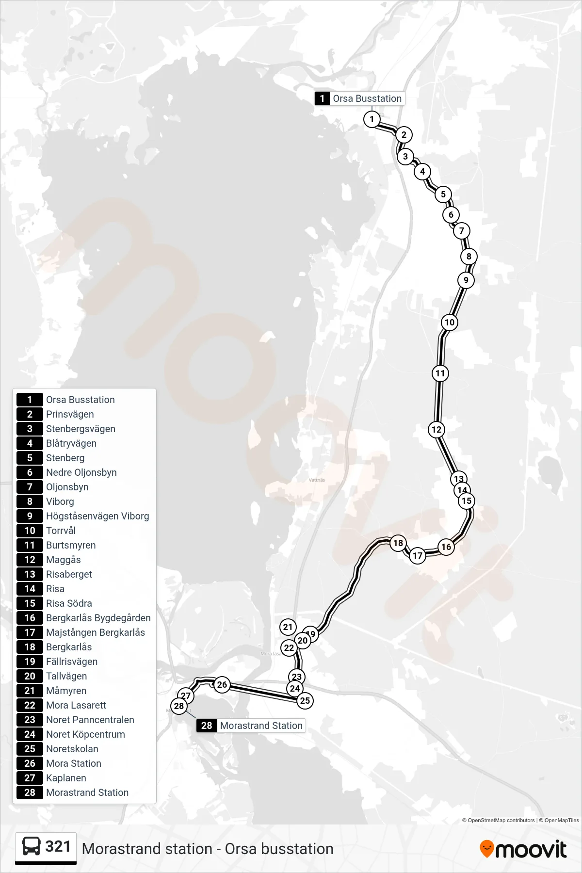 Rutt och hållplatser på karta för linje 321 spårvagn, (Morastrand Station)