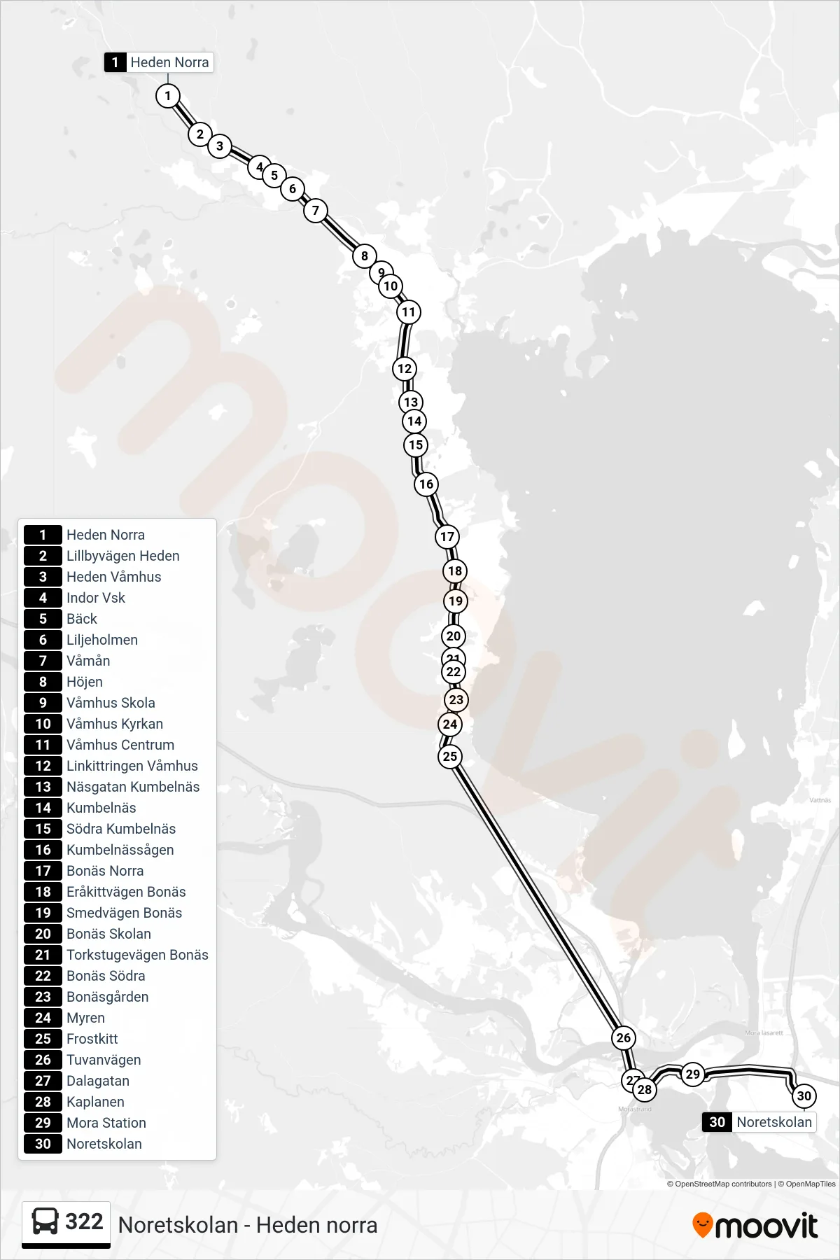 Rutt och hållplatser på karta för linje 322  spårvagn, (Noretskolan)