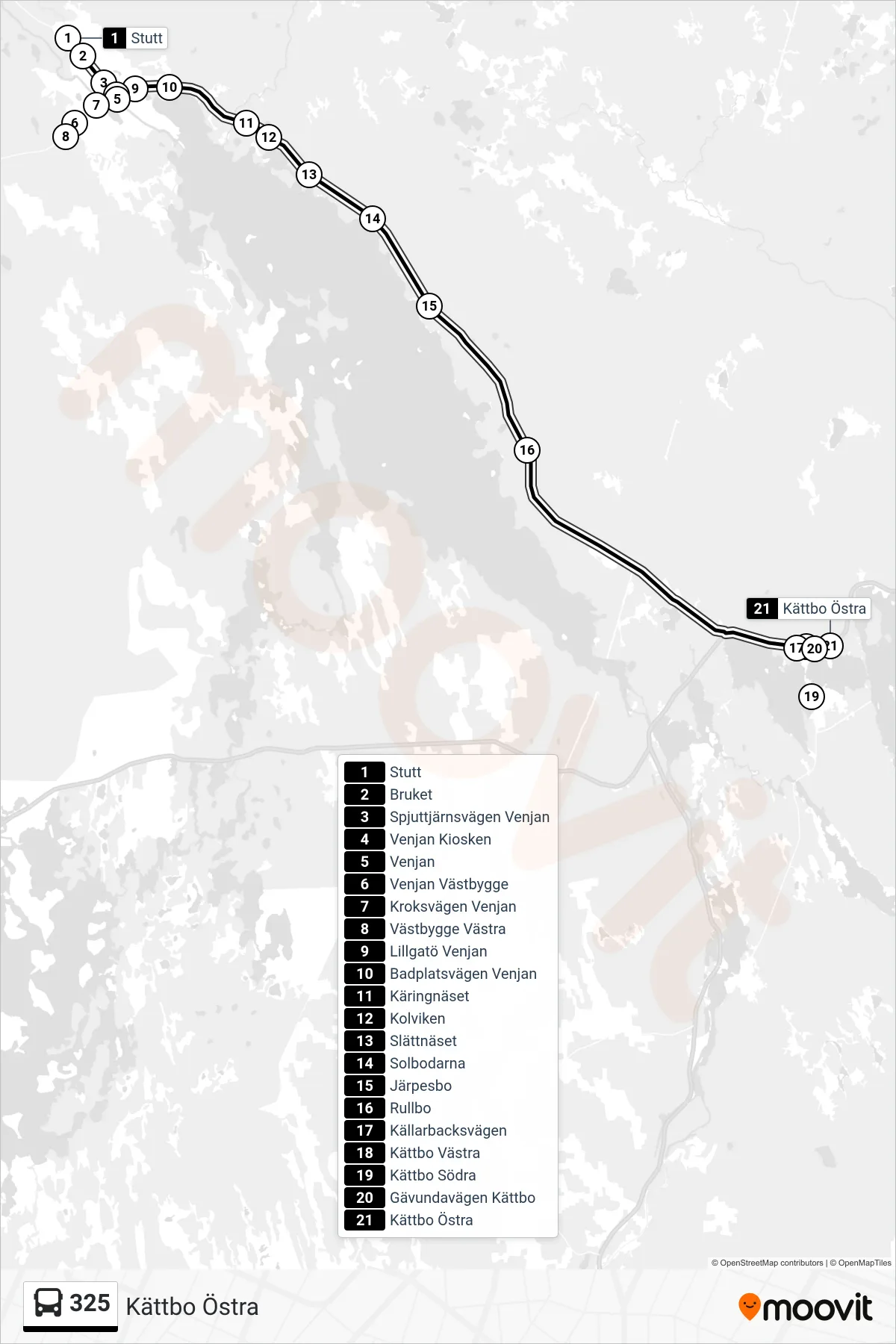 Rutt och hållplatser på karta för linje 325  spårvagn, (Kättbo Östra)