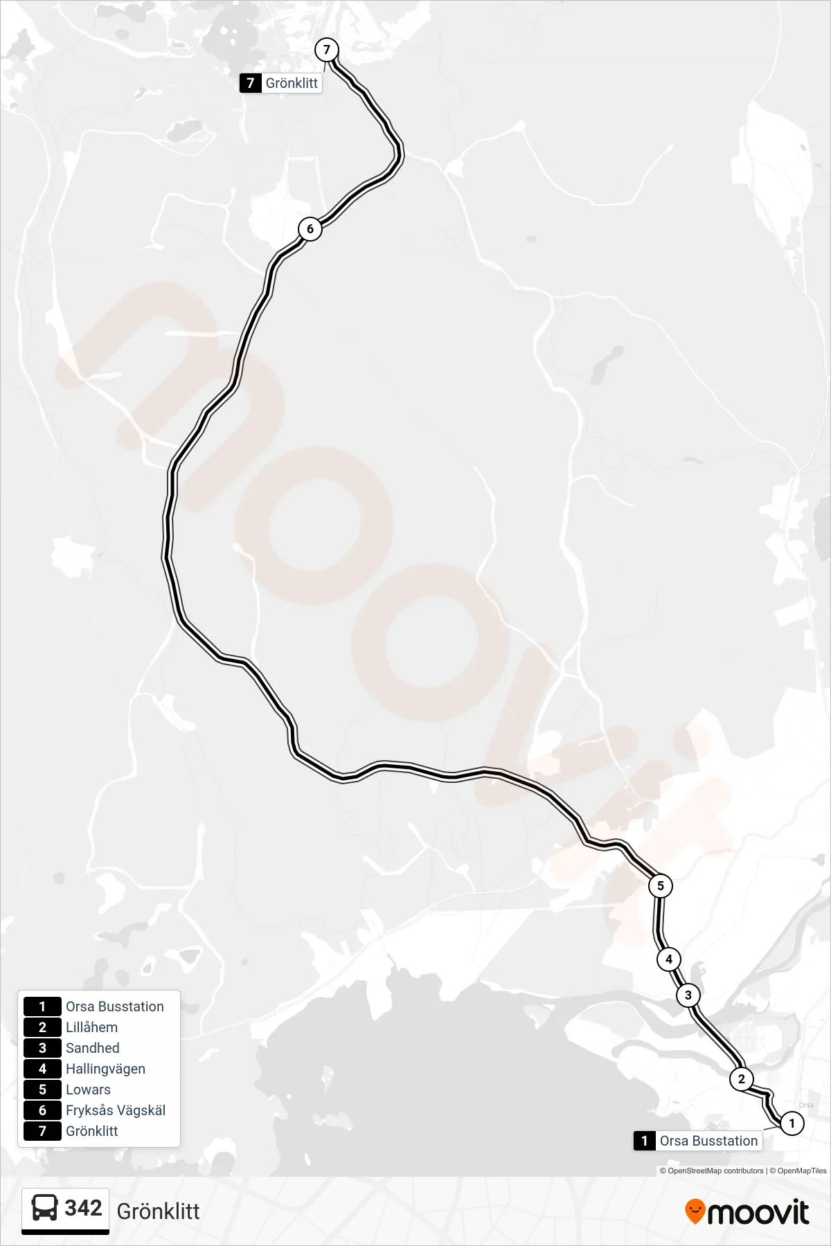 Rutt och hållplatser på karta för linje 342 spårvagn, (Grönklitt)