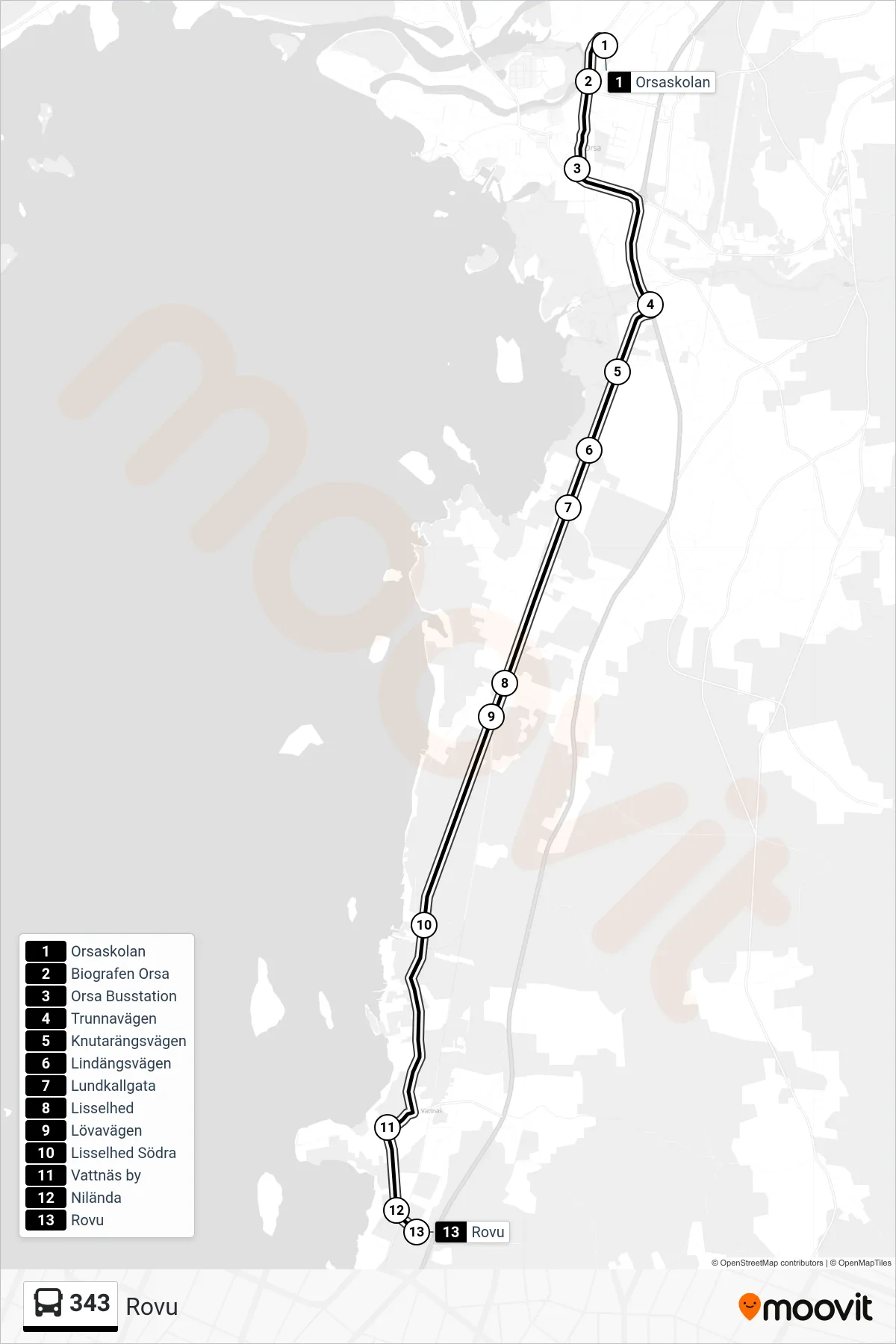 Rutt och hållplatser på karta för linje 343 spårvagn, (Rovu)