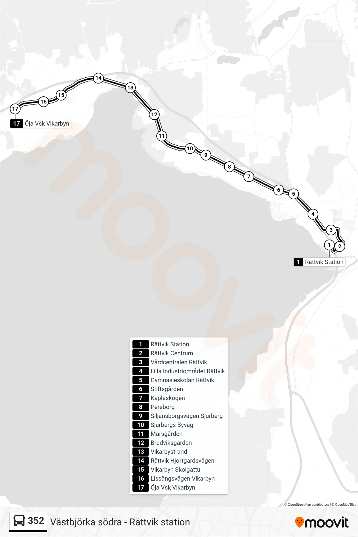 Rutt och hållplatser på karta för linje 352  spårvagn, (Öja Vsk Vikarbyn)