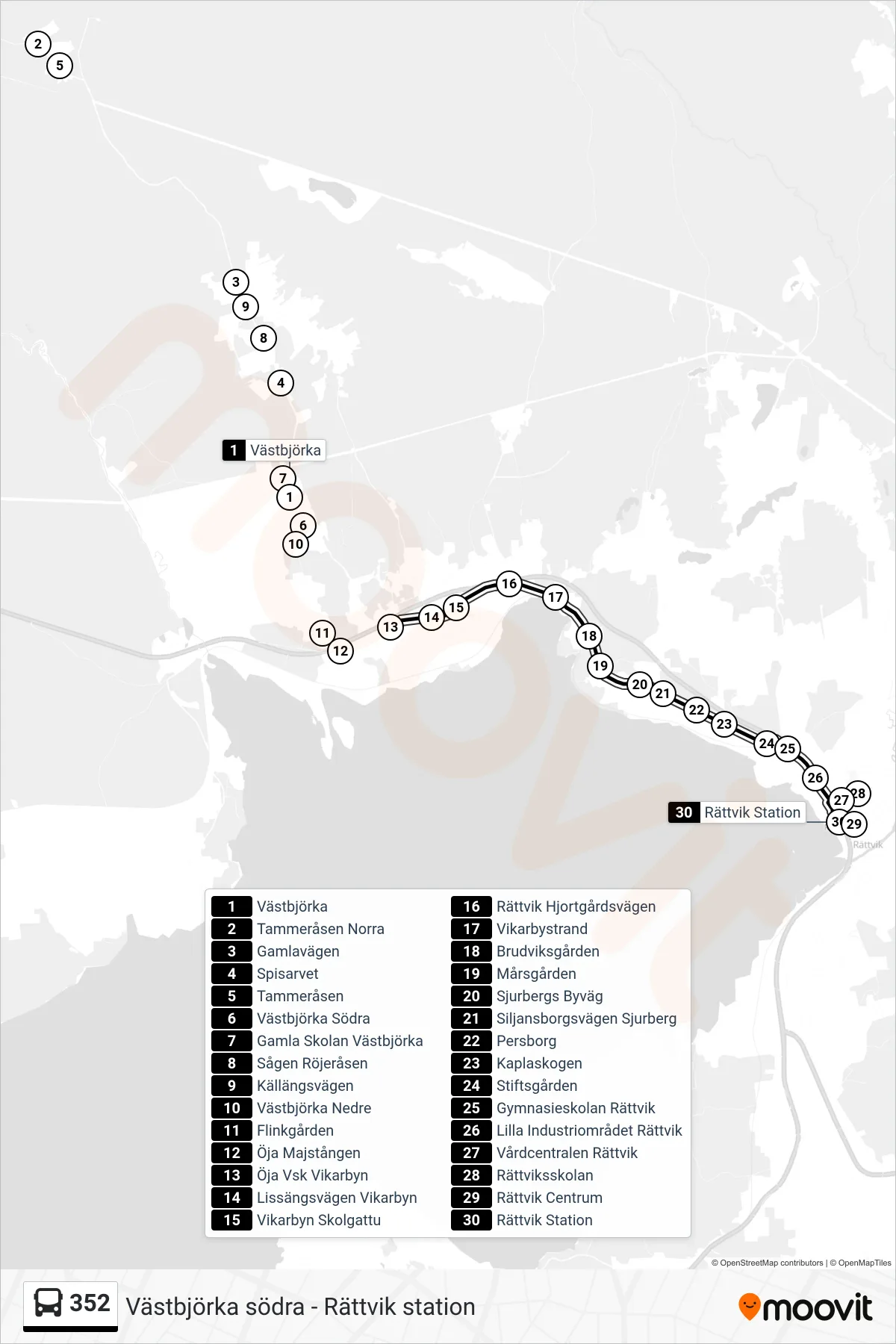 Rutt och hållplatser på karta för linje 352 spårvagn, (Rättvik Station)