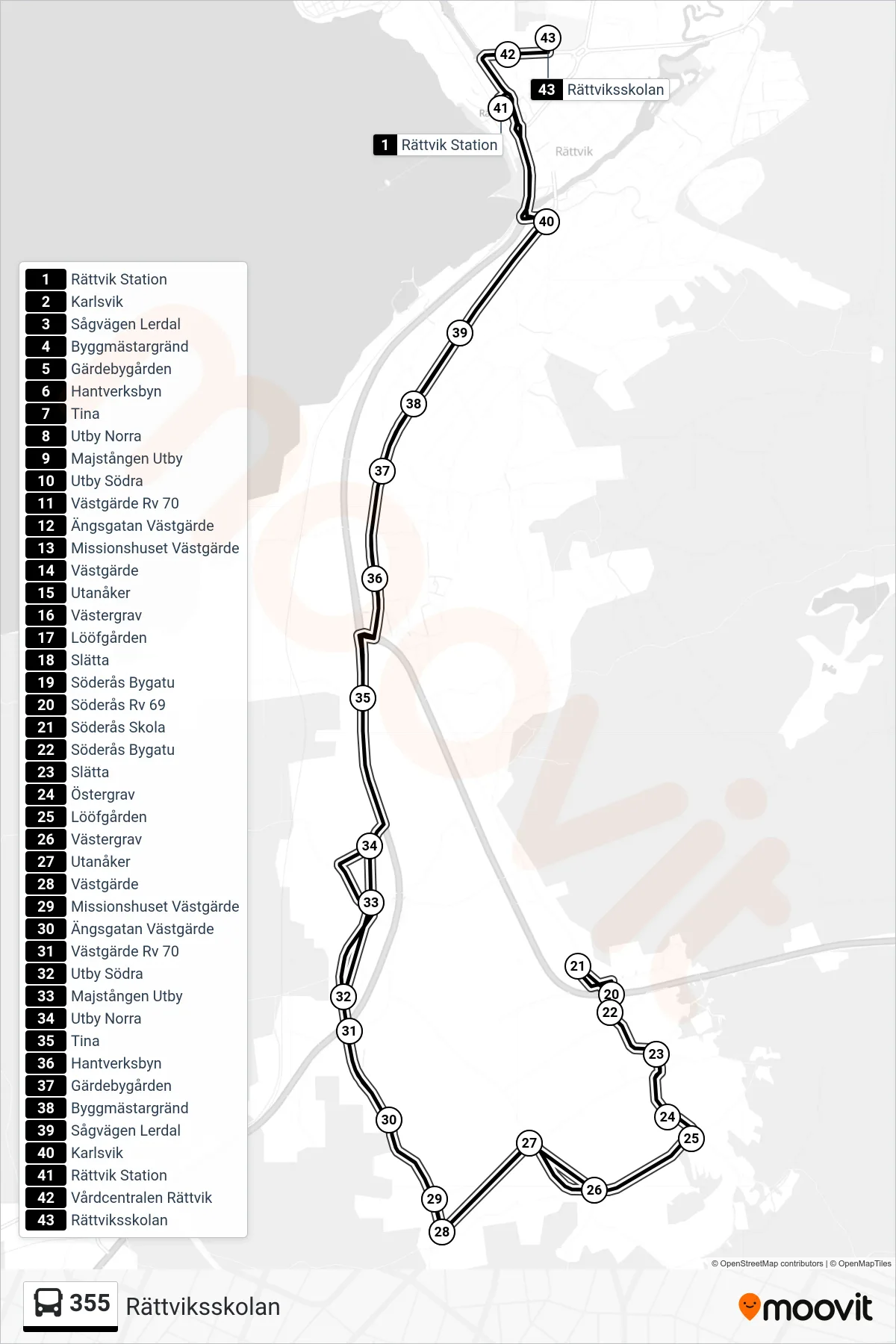 Rutt och hållplatser på karta för linje 355 spårvagn, (Rättviksskolan)