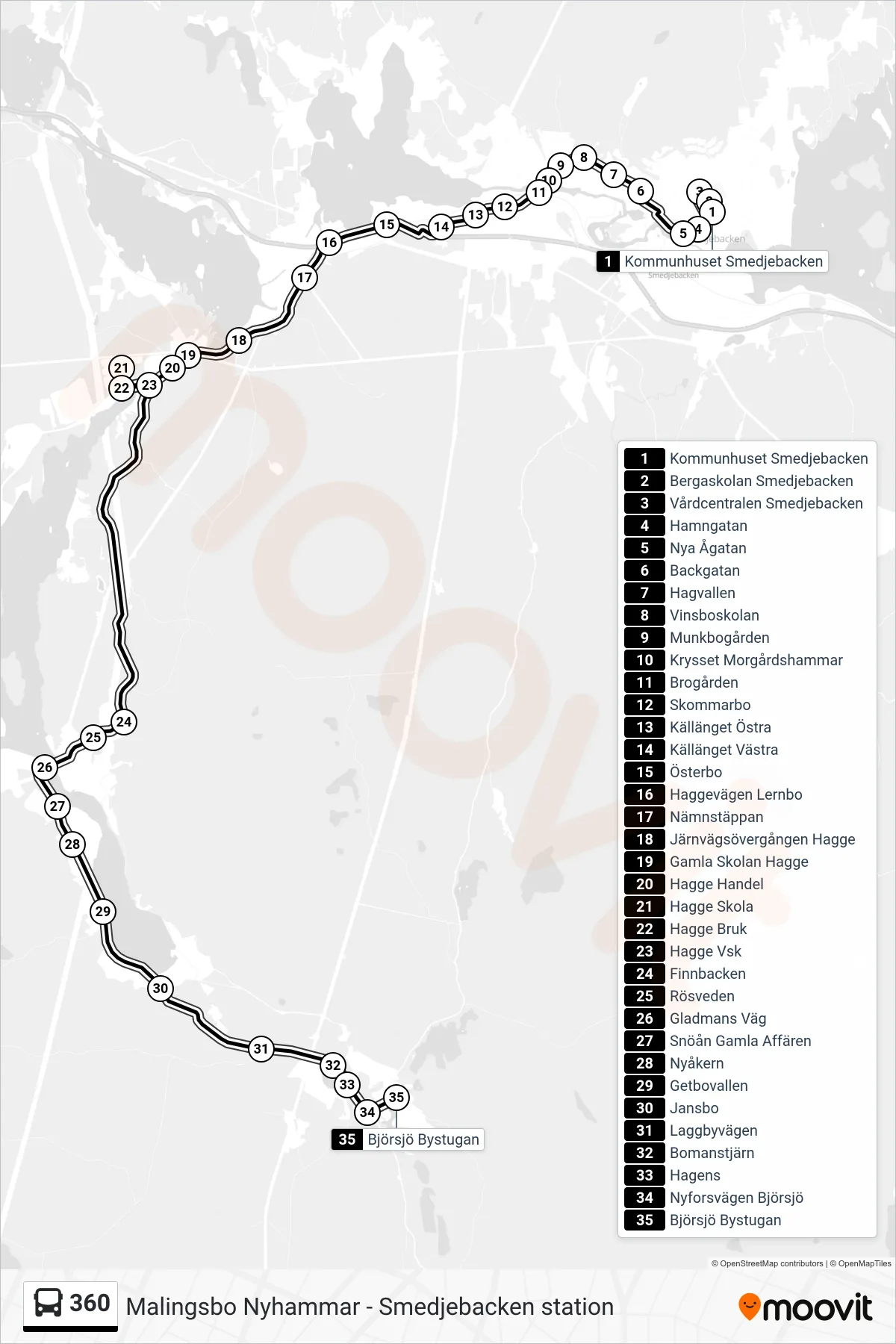 Rutt och hållplatser på karta för linje 360  spårvagn, (Björsjö Bystugan)