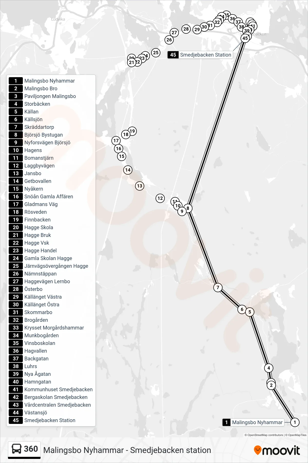 Rutt och hållplatser på karta för linje 360 spårvagn, (Smedjebacken Station)