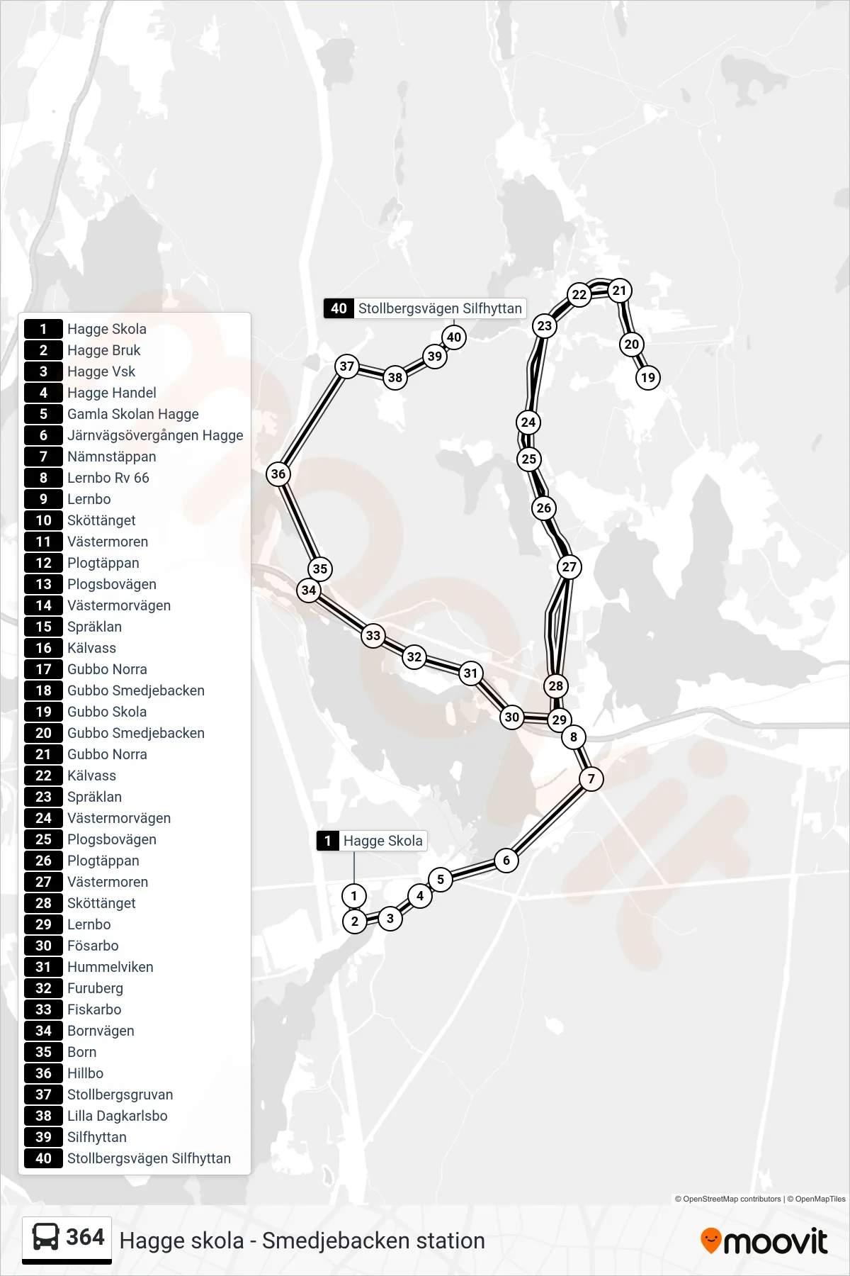 Rutt och hållplatser på karta för linje 364  spårvagn, (Stollbergsvägen Silfhyttan)