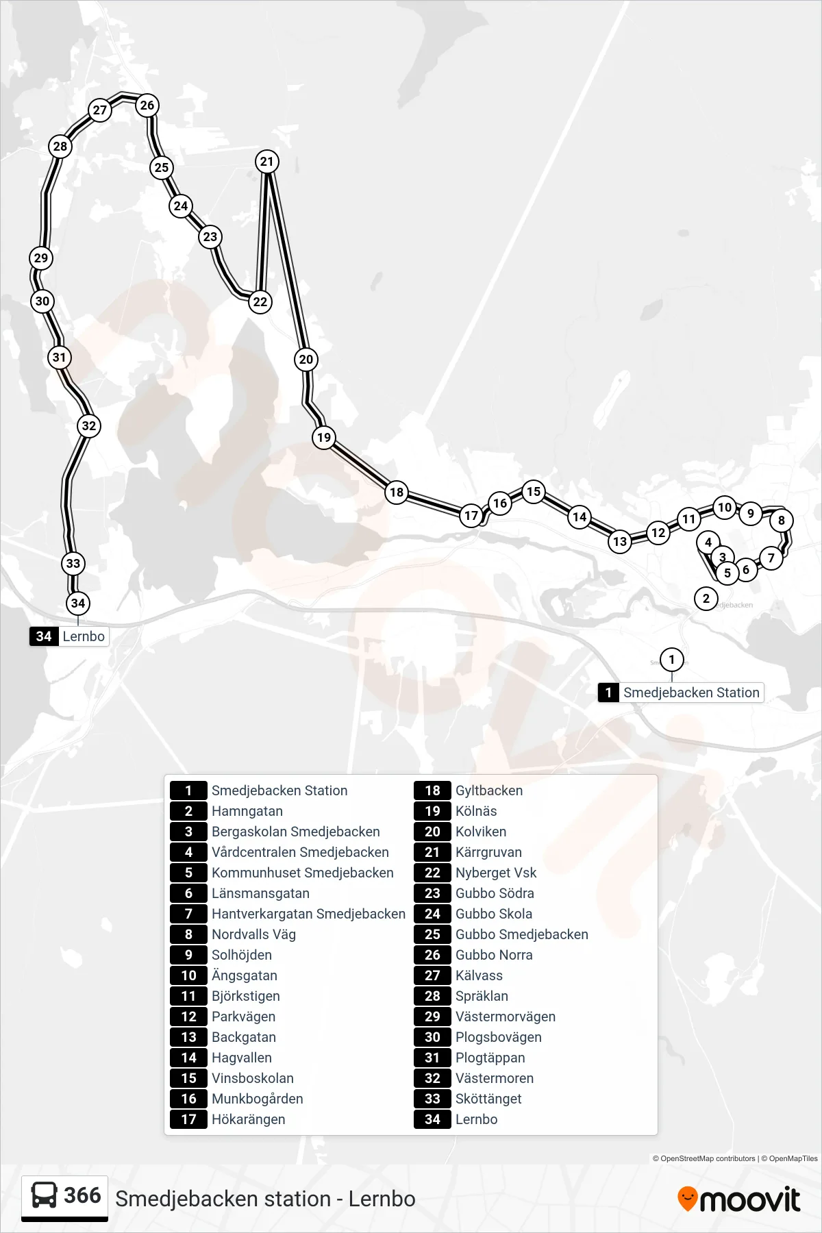 Rutt och hållplatser på karta för linje 366 spårvagn, (Lernbo)