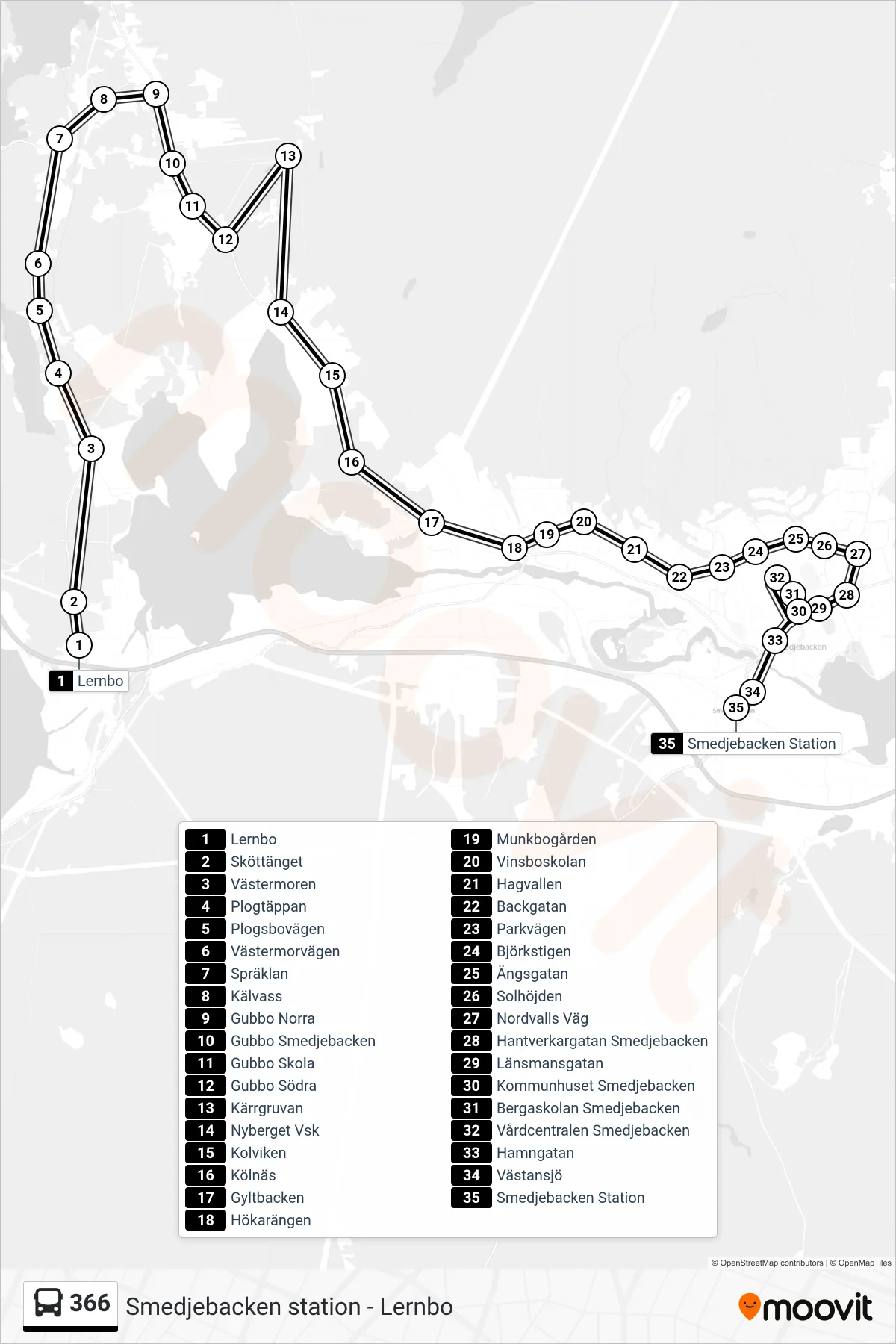 Rutt och hållplatser på karta för linje 366 spårvagn, (Smedjebacken Station)