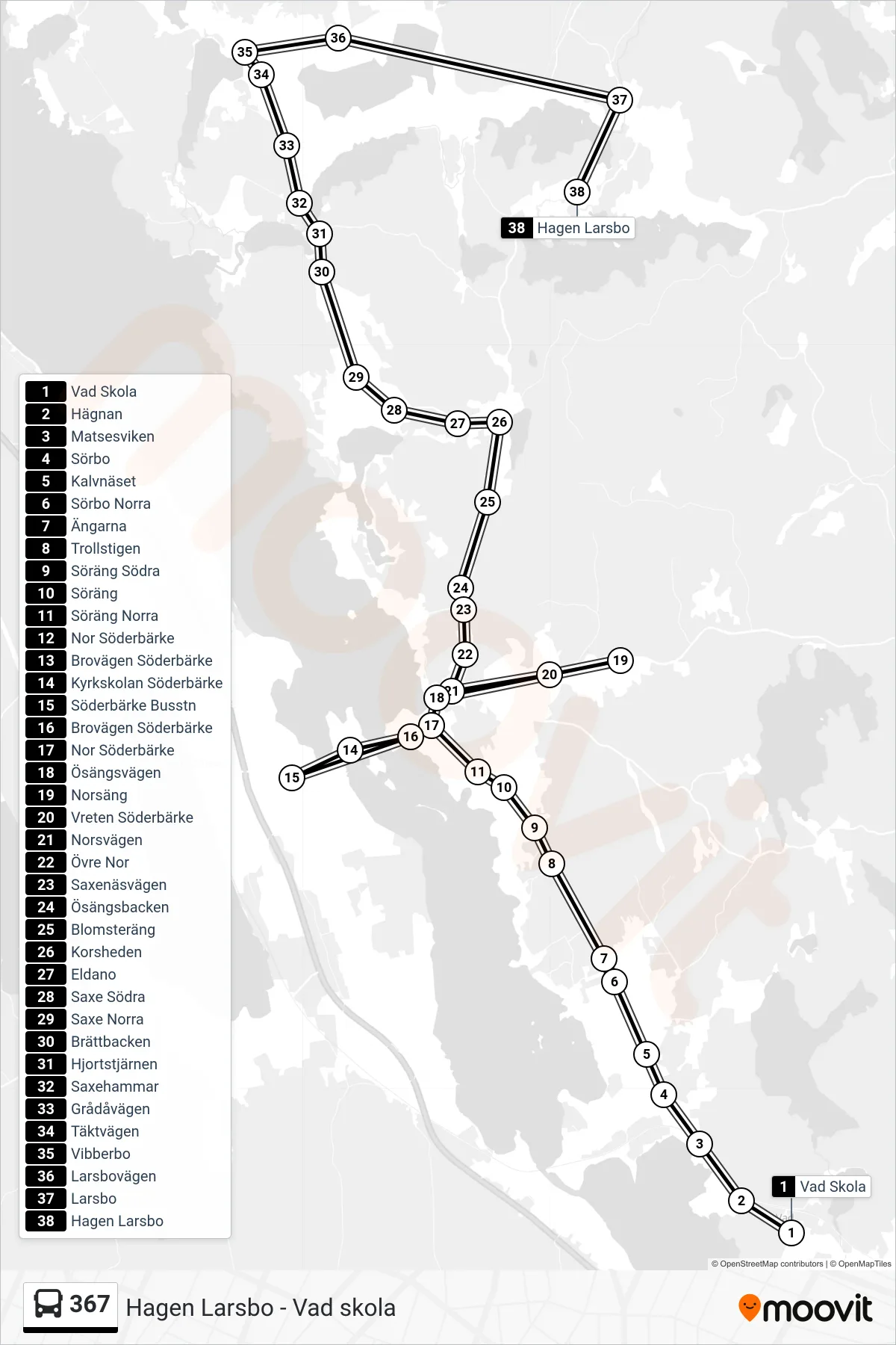 Rutt och hållplatser på karta för linje 367 spårvagn, (Hagen Larsbo)