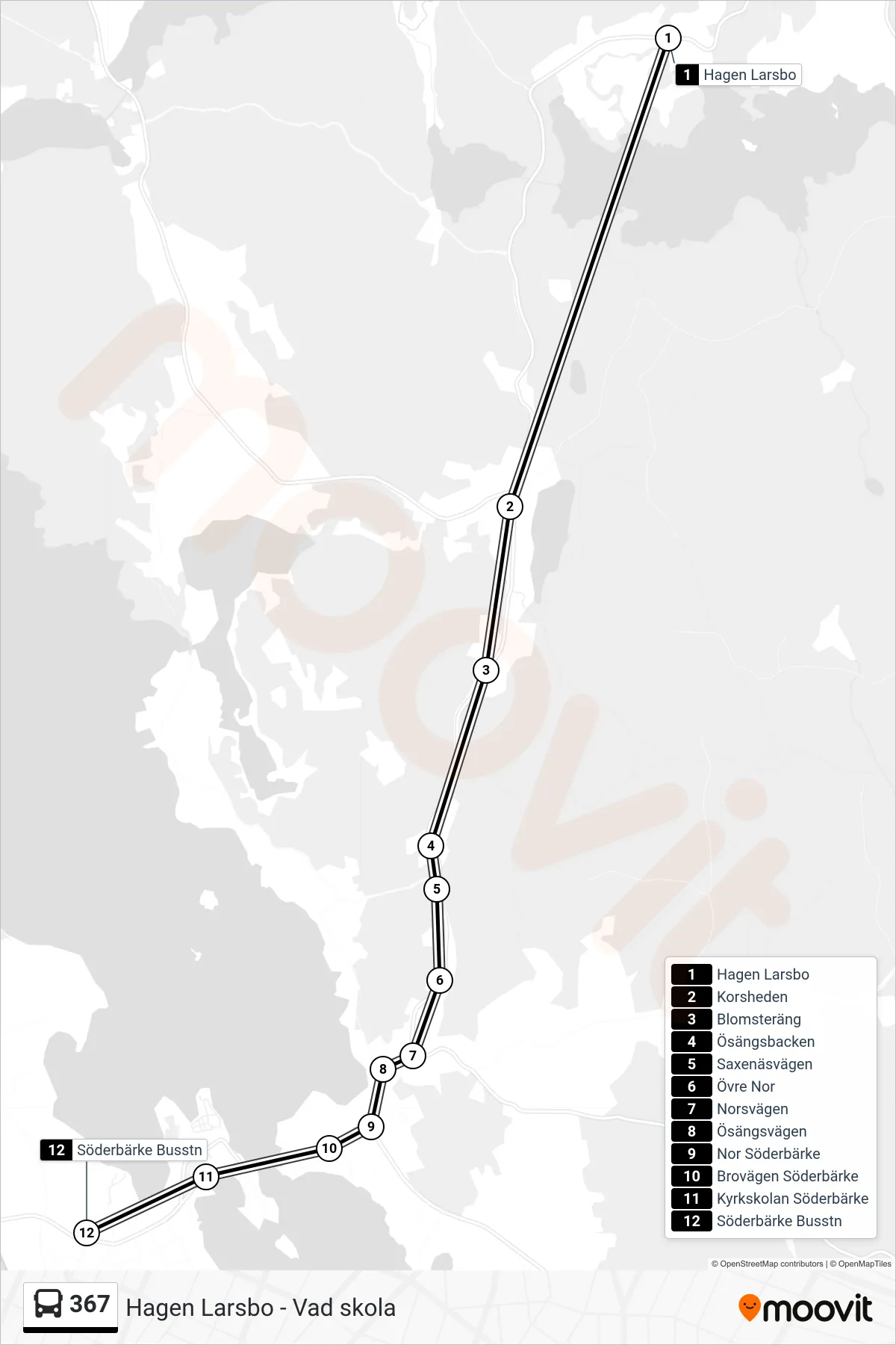 Rutt och hållplatser på karta för linje 367  spårvagn, (Söderbärke Busstn)
