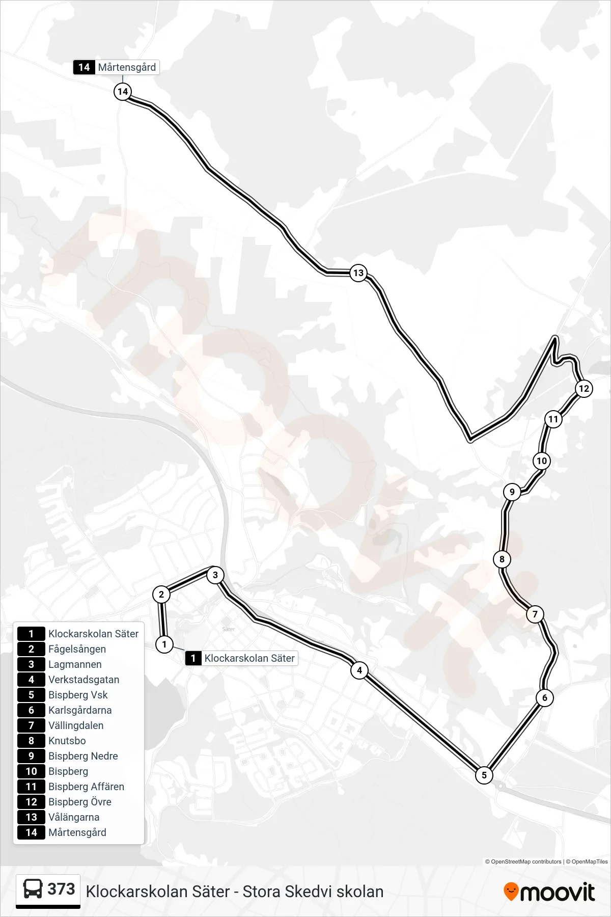 Rutt och hållplatser på karta för linje 373 spårvagn, (Mårtensgård)