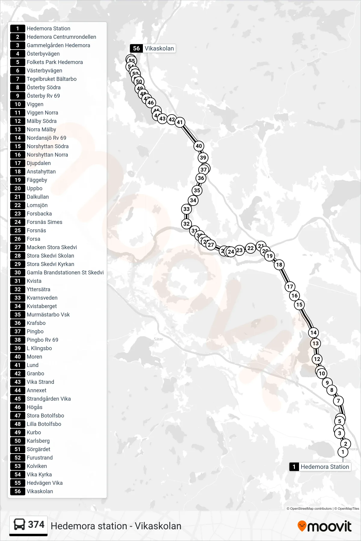 Rutt och hållplatser på karta för linje 374 spårvagn, (Vikaskolan)